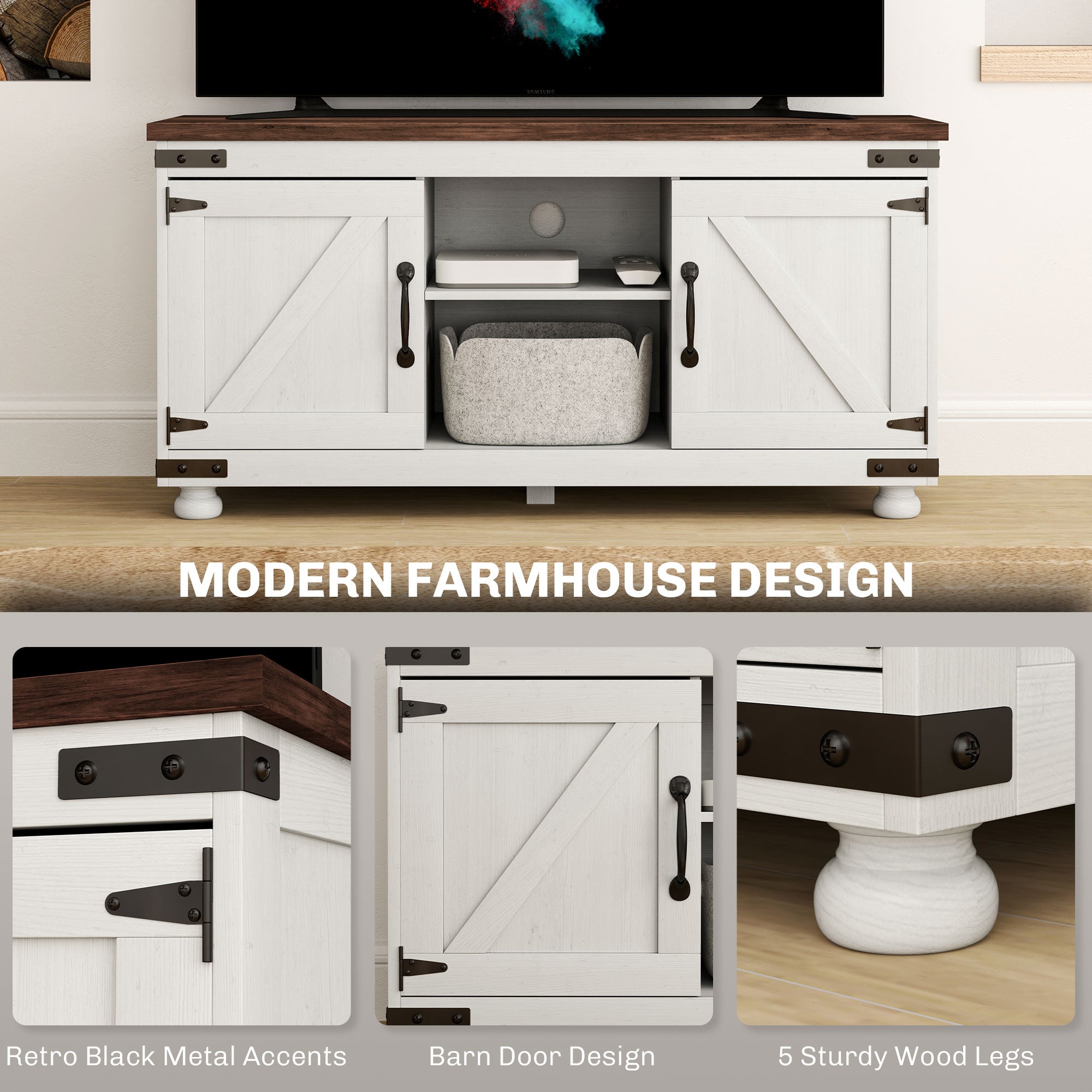 HOMCOM TV Stand for up to 50" TV, Modern Farmhouse Entertainment Center with 2 Cable Holes, TV Console Table with 2 Adjustable Shelves for Living Room, Distressed White