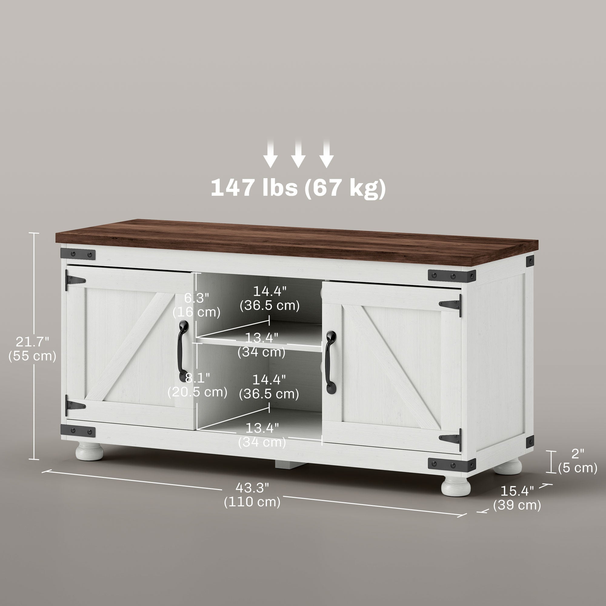 HOMCOM TV Stand for up to 50" TV, Modern Farmhouse Entertainment Center with 2 Cable Holes, TV Console Table with 2 Adjustable Shelves for Living Room, Distressed White