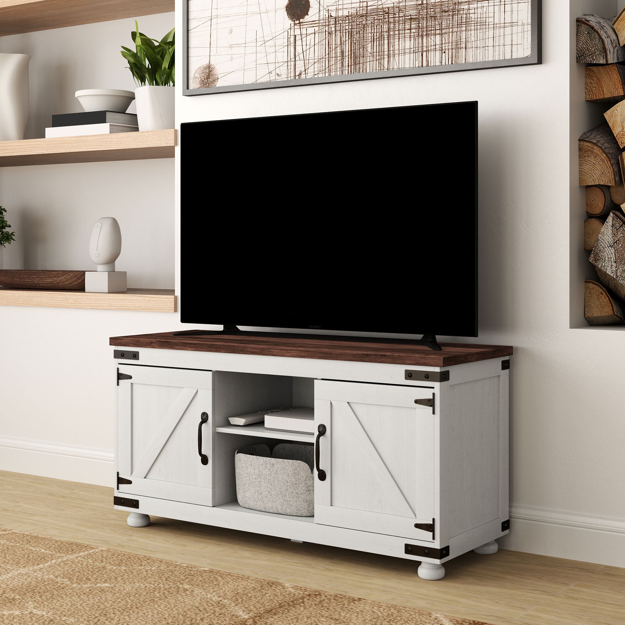 HOMCOM TV Stand for up to 50" TV, Modern Farmhouse Entertainment Center with 2 Cable Holes, TV Console Table with 2 Adjustable Shelves for Living Room, Distressed White