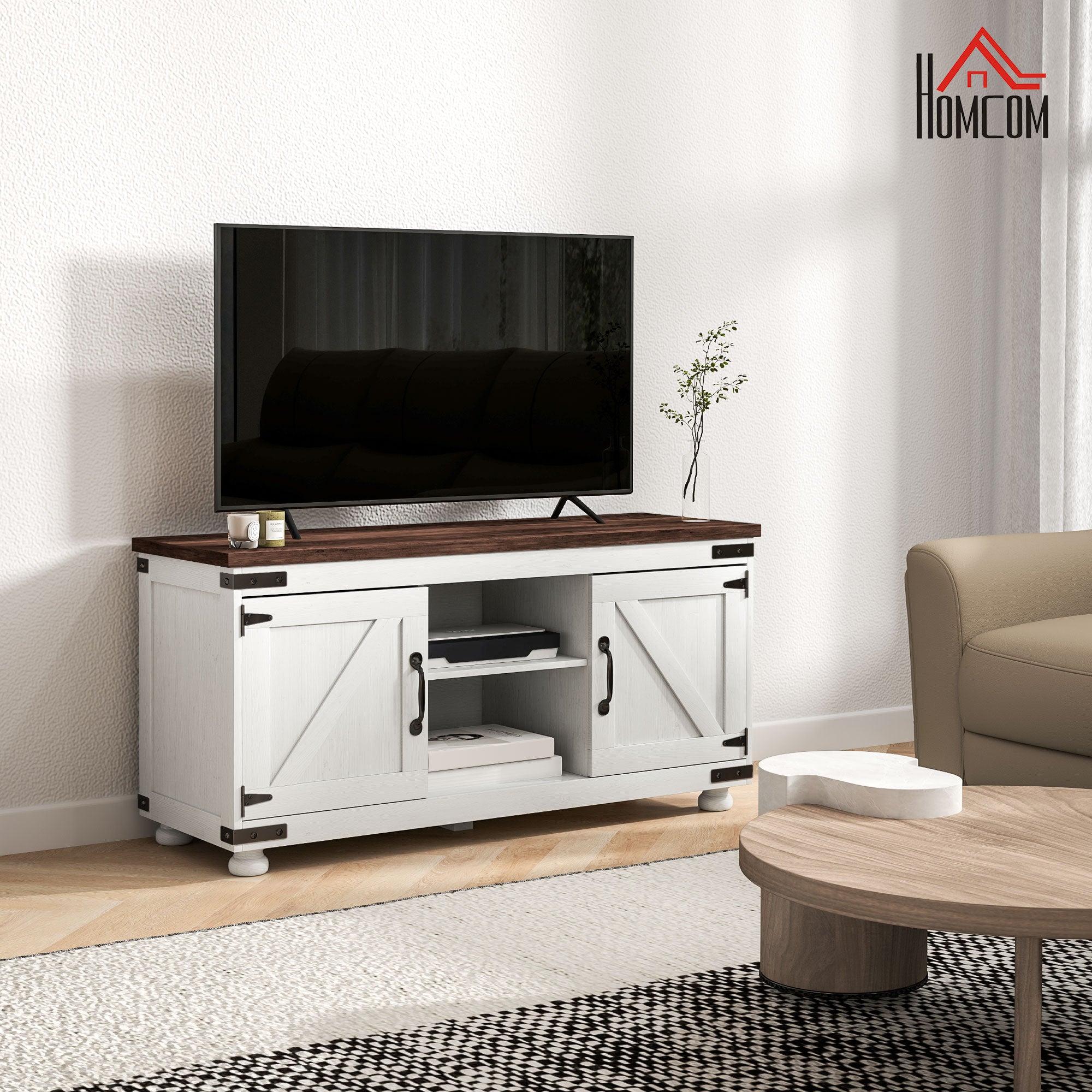 HOMCOM TV Stand for up to 50" TV, Modern Farmhouse Entertainment Center with 2 Cable Holes, TV Console Table with 2 Adjustable Shelves for Living Room, Distressed White