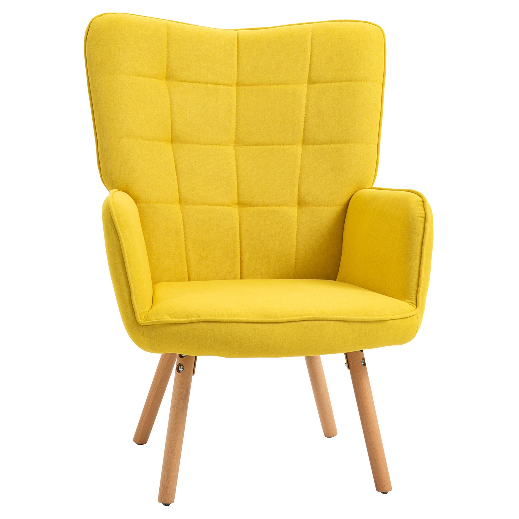 HOMCOM Modern Accent Chair, Upholstered Tufted Wingback Armchair with Seat Padding, Leisure Lounge Bedroom Chair with Wood Legs, Yellow
