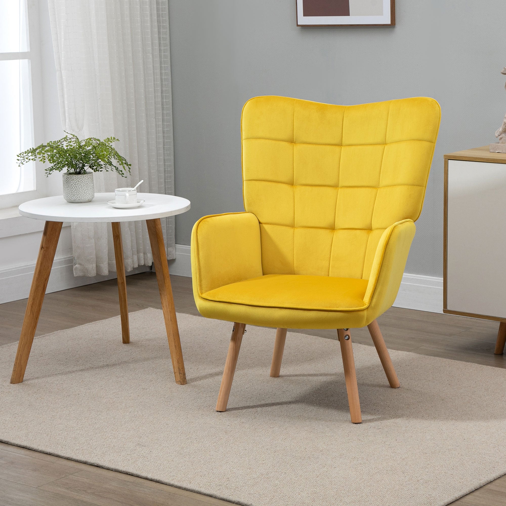 HOMCOM Modern Accent Chair, Upholstered Tufted Wingback Armchair with Seat Padding, Leisure Lounge Bedroom Chair with Wood Legs, Yellow