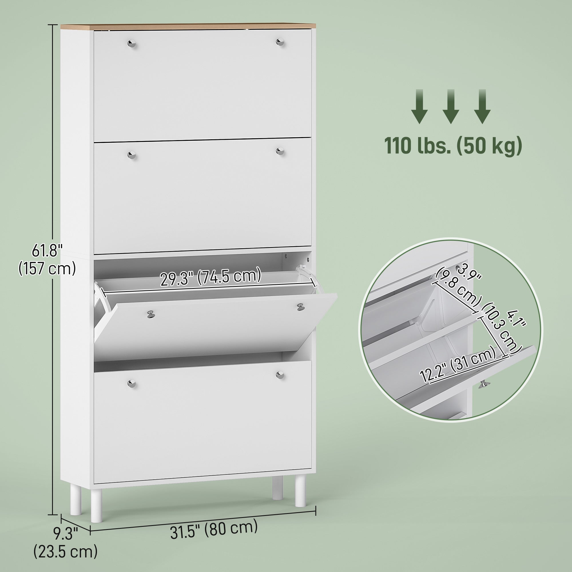 Narrow Shoe Cabinet with 4 Flip Drawers, Slim Shoe Storage Cabinet with Adjustable Shelves for Entryway Hallway, Holds 24–32 Pairs, White
