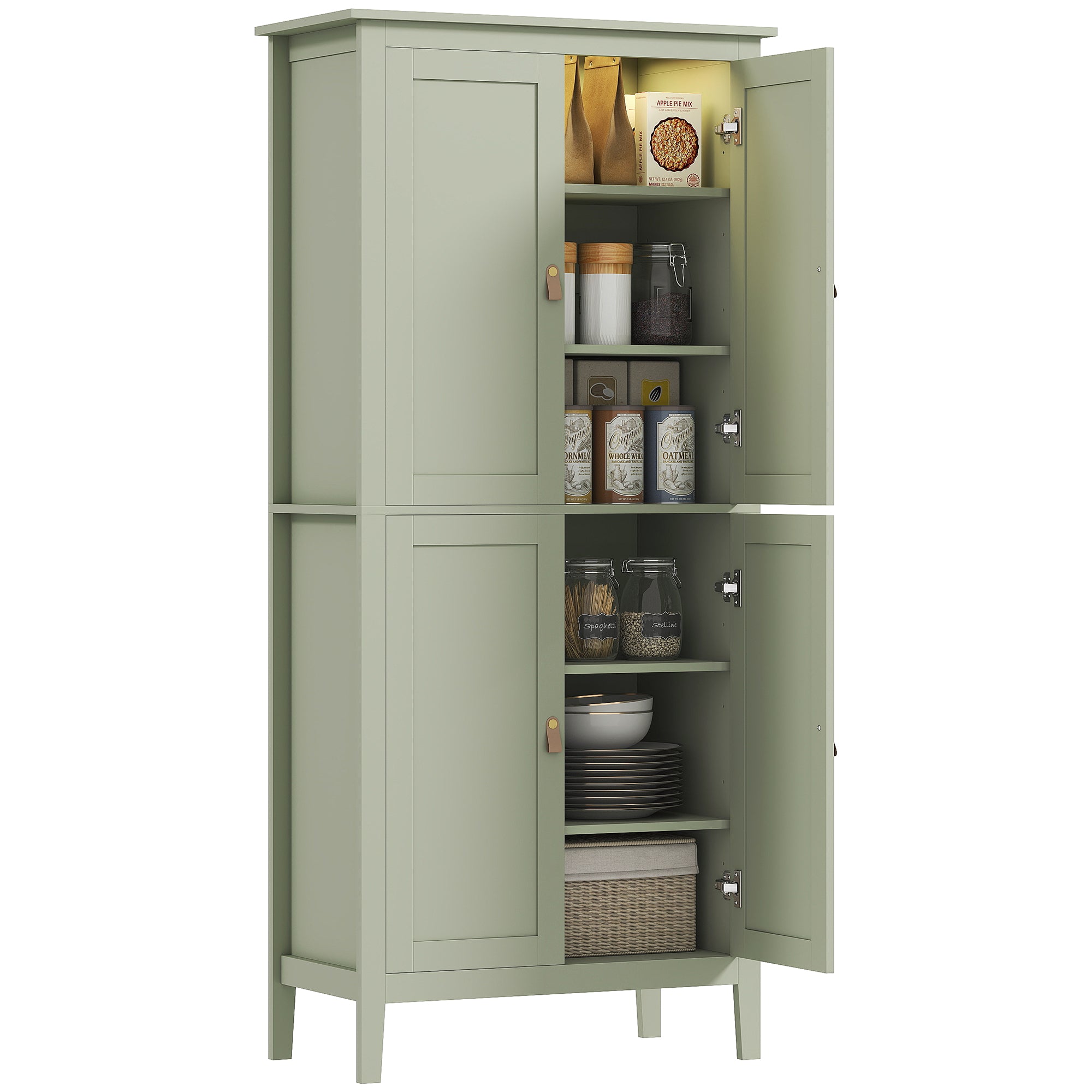 Tall Kitchen Cupboard with Motion Sensor LED Light, 3-Colour Dimmable Lighting, 177 cm Freestanding Storage Cabinet with Doors and Adjustable Shelves, Green
