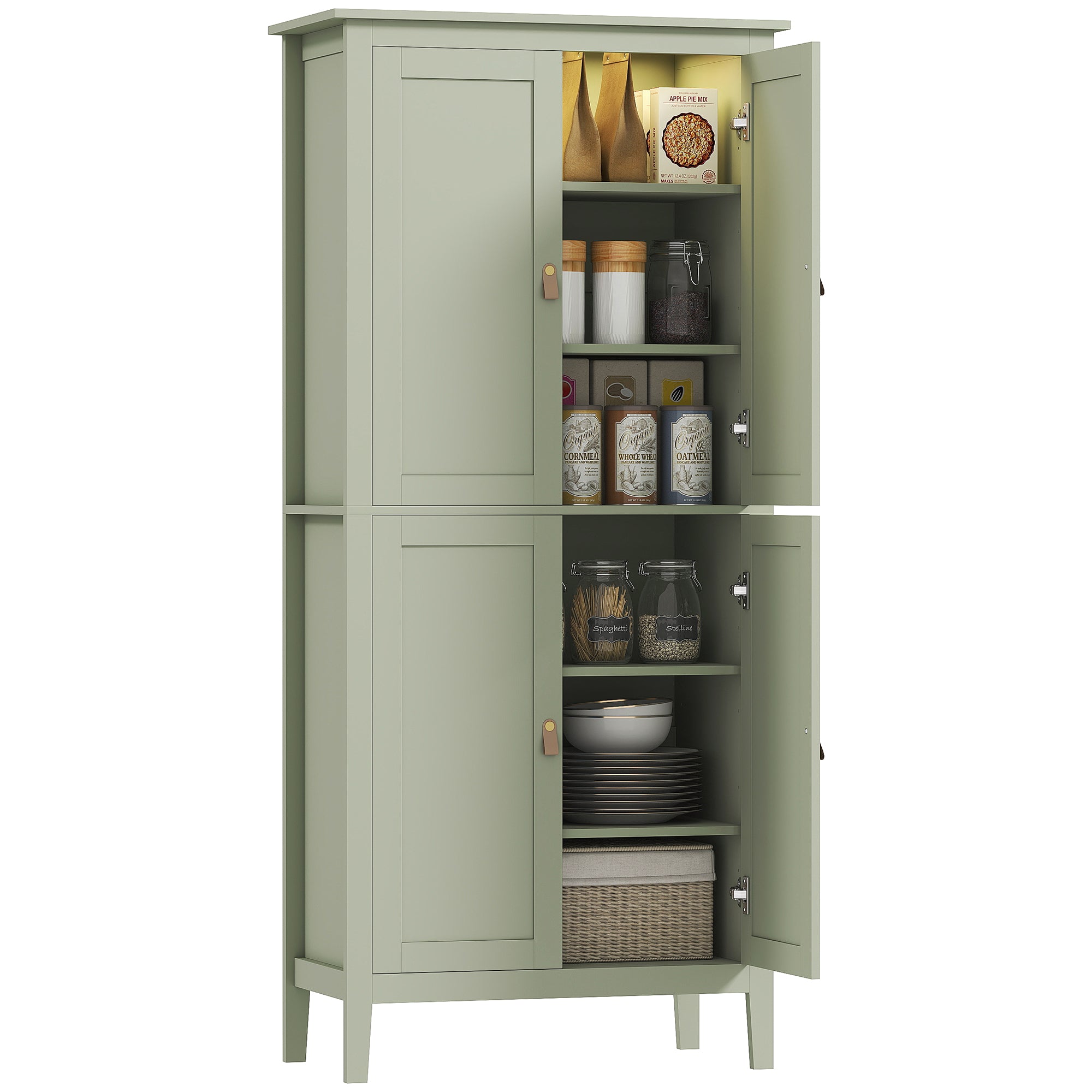 Tall Kitchen Cupboard with Motion Sensor LED Light, 3-Colour Dimmable Lighting, 177 cm Freestanding Storage Cabinet with Doors and Adjustable Shelves, Green