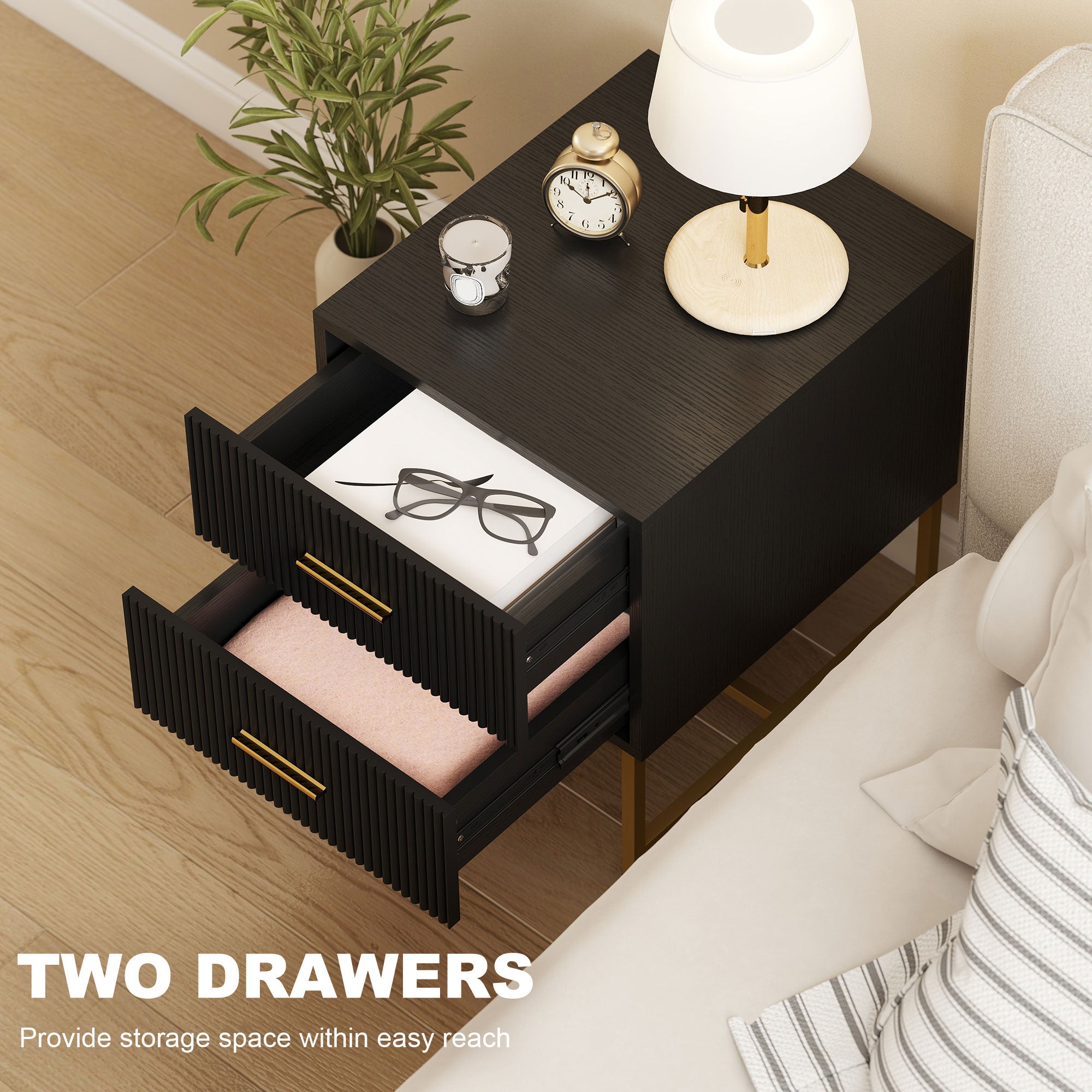Modern Nightstands Set of 2, Bedside Tables with 2 Drawers and Fluted Panels, End Tables with Storage and Gold Legs for Bedroom, Black