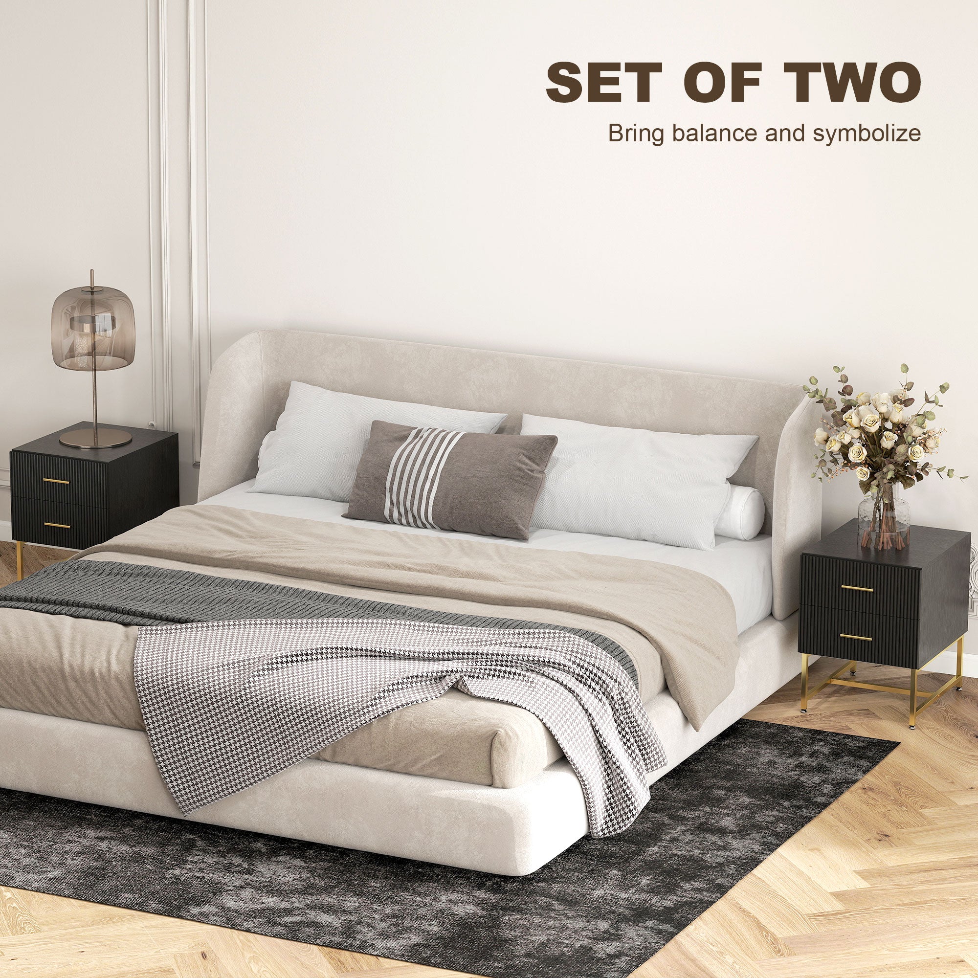 Modern Nightstands Set of 2, Bedside Tables with 2 Drawers and Fluted Panels, End Tables with Storage and Gold Legs for Bedroom, Black