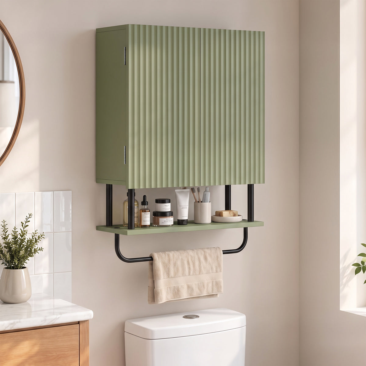 Bathroom Wall Cabinet with 2 Wavy Doors, Modern Bathroom Cabinet Wall Mounted Over Toilet with Hidden Storage and Open shelf, Towel Bar, Space Saving, Green