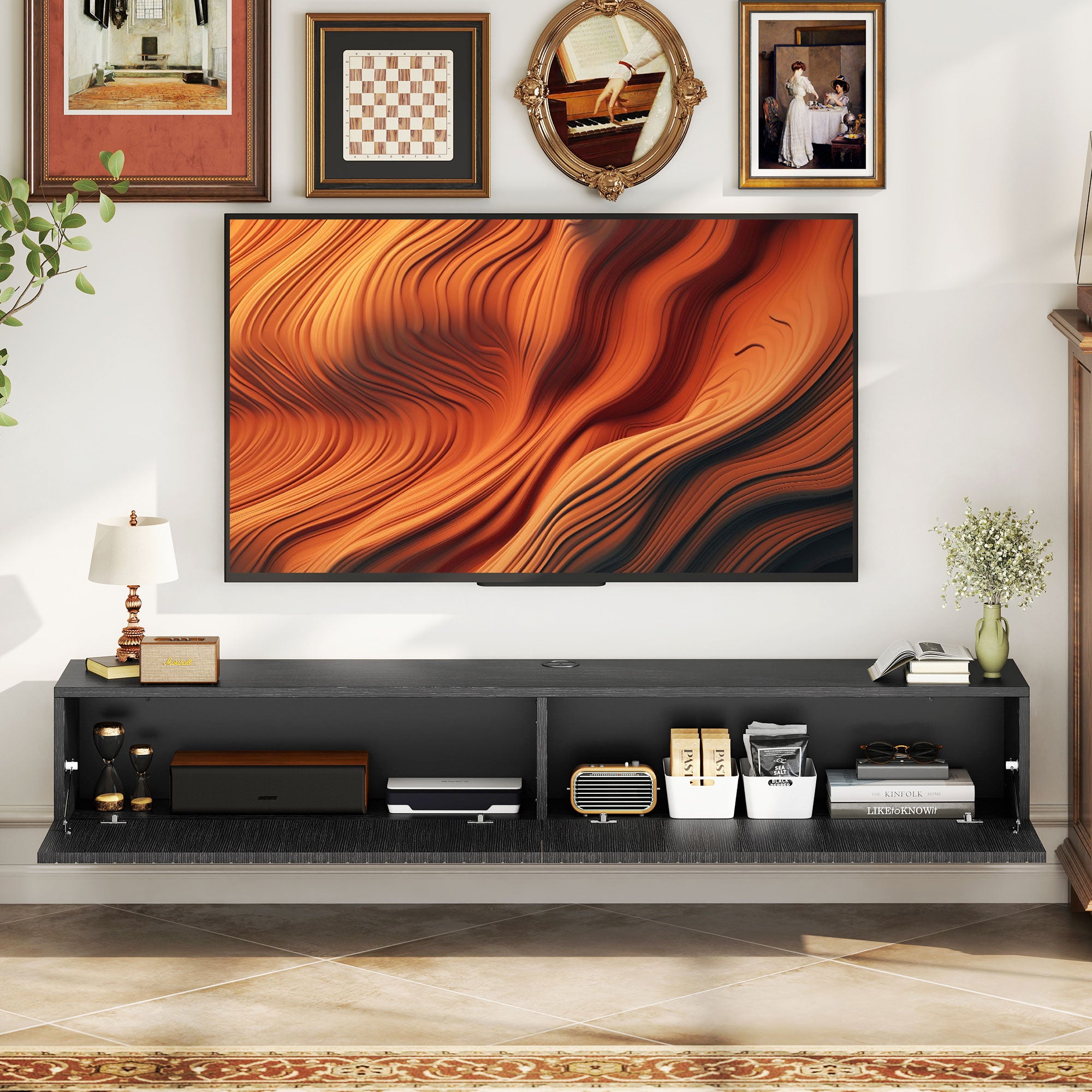 Floating TV Unit for Television up to 72 Inch, 180cm Wall Mount TV Stand Cabinet with Fluted Flip-Down Doors, Cable Management Hole, Entertainment Media Console for Living Room, Bedroom, Black
