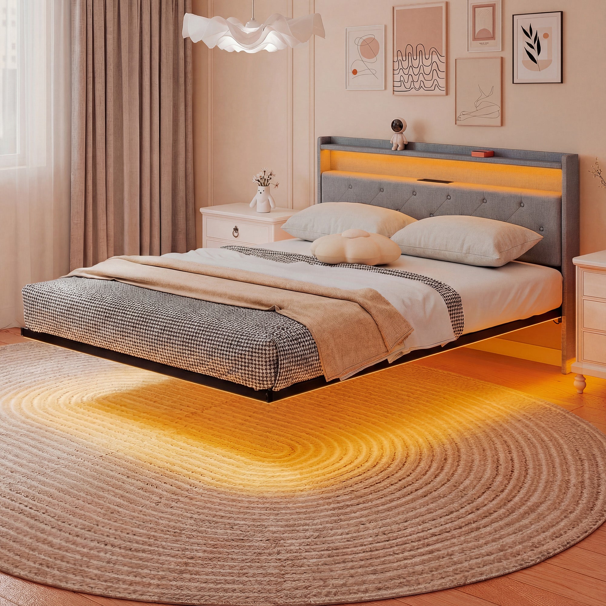 5ft King Size Bed Frame, Floating Bed Frame with Music Sync RGB LED Lights and Charging Station, Upholstered Headboard with Storage Shelves, No Box Spring Needed, Noise Free, Grey