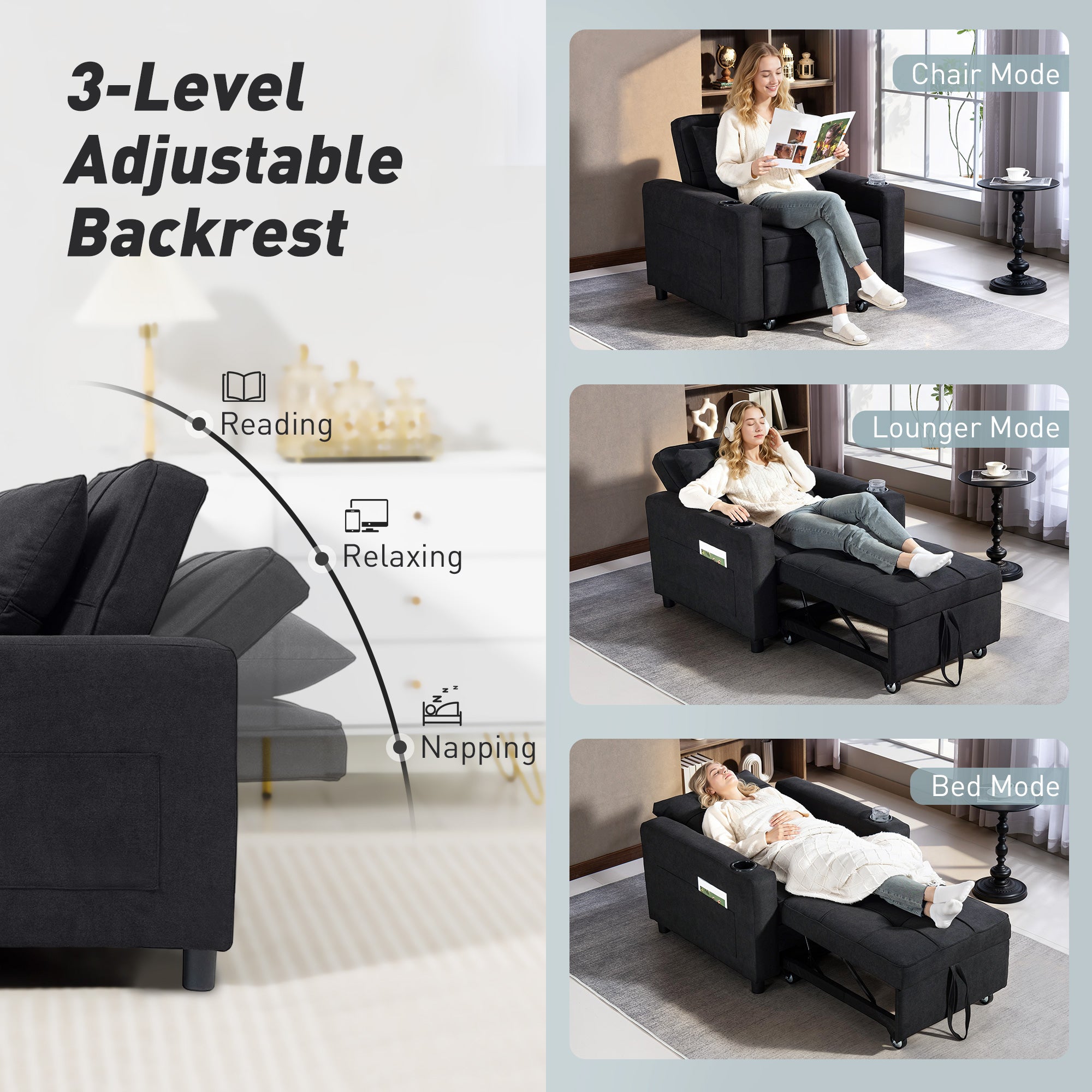 3-in-1 Single Sofa Bed, Convertible Sleeper Chair Bed with Adjustable Backrest, Fabric Pull Out Chair with Pillow, Side Pockets and Cup Holders for Living Room, Bedroom, Small Space, Black