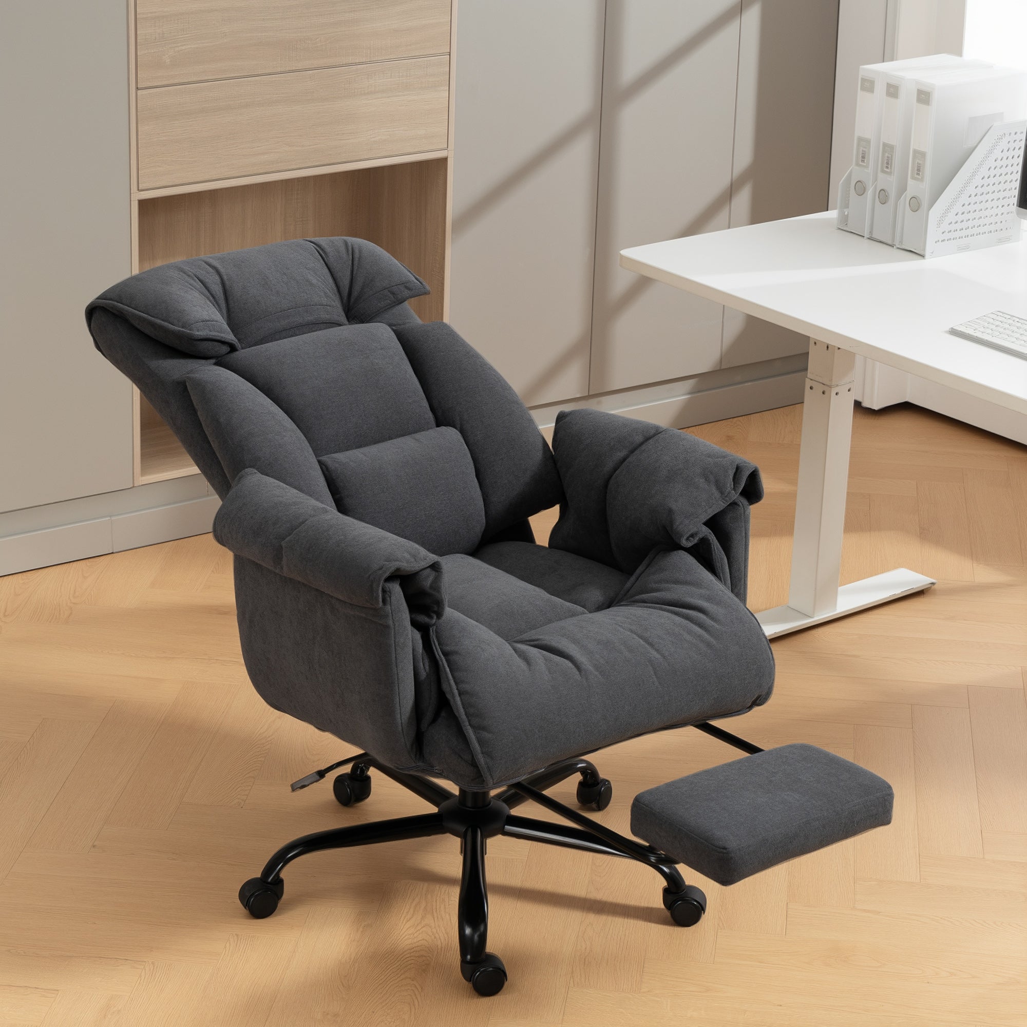 Executive Office Chair with Footrest, Reclining Swivel Computer Desk Chair with High Back, Thick Cushion, Padded Armrest, Adjustable Height, Rolling Wheels, Dark Gray