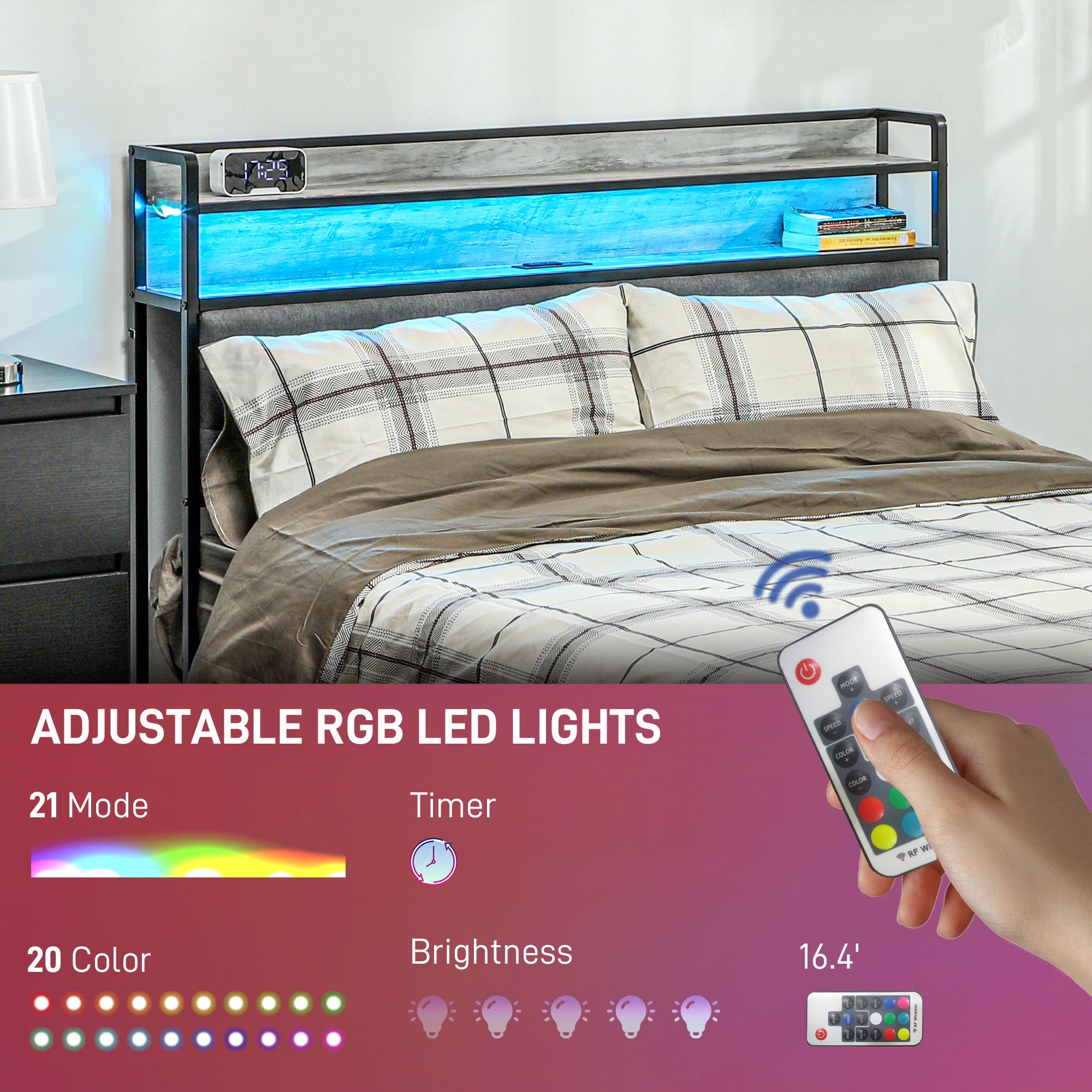 Full Bed Frame with Upholstered Headboard LED Lights Charging Station Cement Gray - HOMCOM