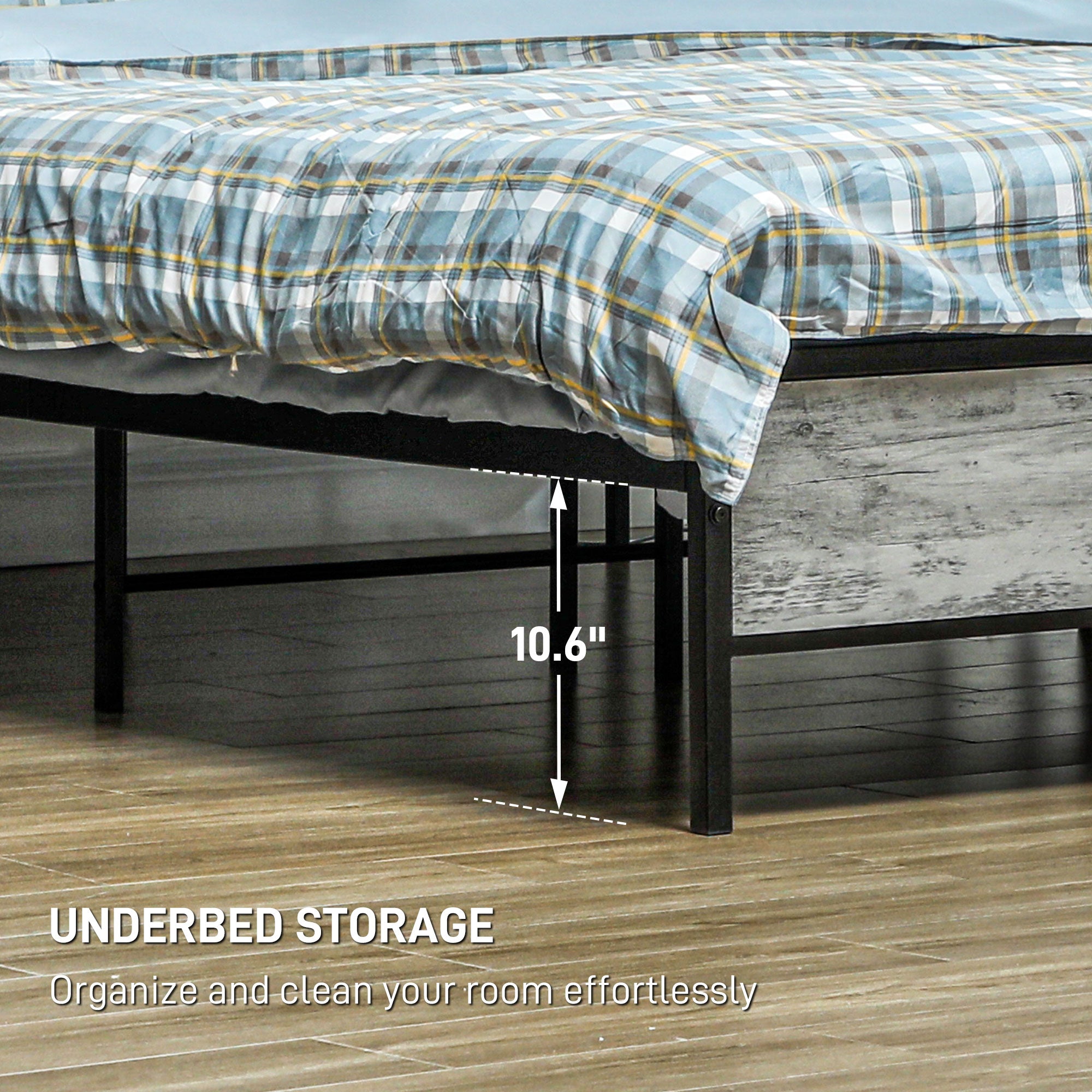 Full Bed Frame with Upholstered Headboard LED Lights Charging Station Cement Gray - HOMCOM