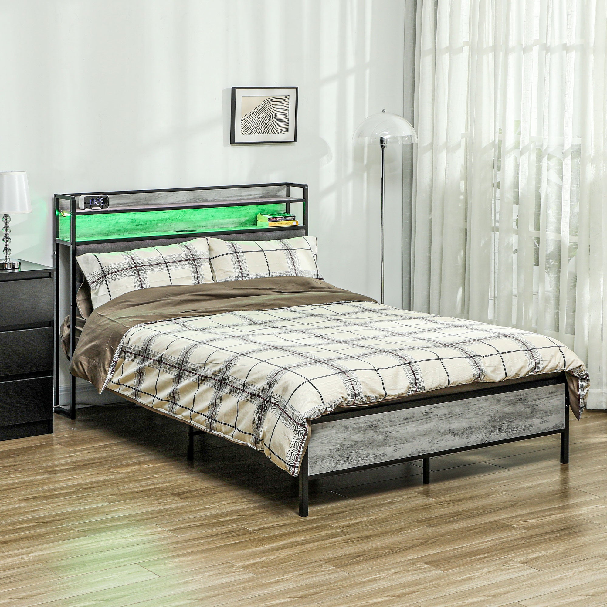 Full Bed Frame with Upholstered Headboard LED Lights Charging Station Cement Gray - HOMCOM