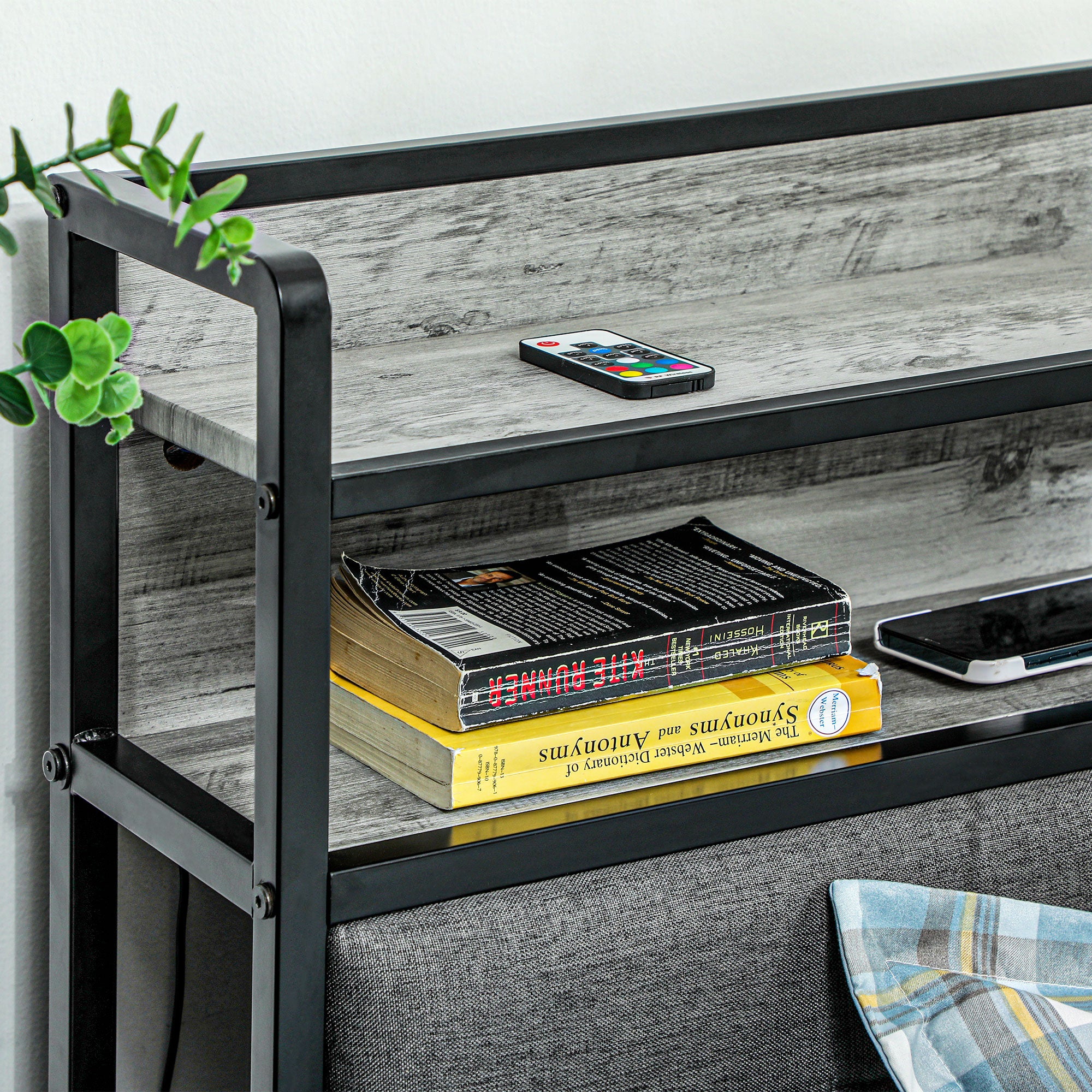 Full Bed Frame with Upholstered Headboard LED Lights Charging Station Cement Gray - HOMCOM