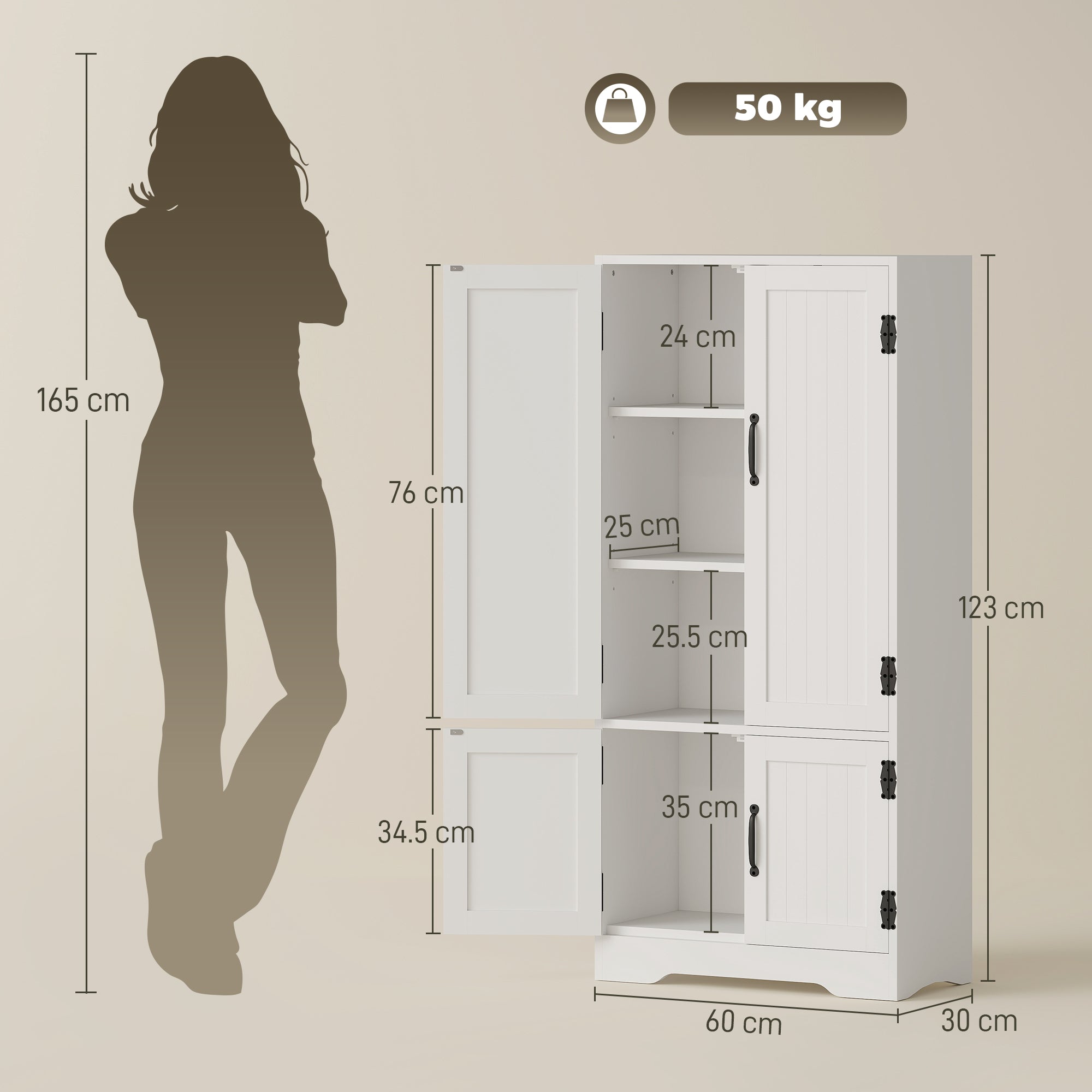 Accent Floor Storage Cabinet, Kitchen Cupboard Sideboard with Adjustable Shelves and 2 Lower Doors, White