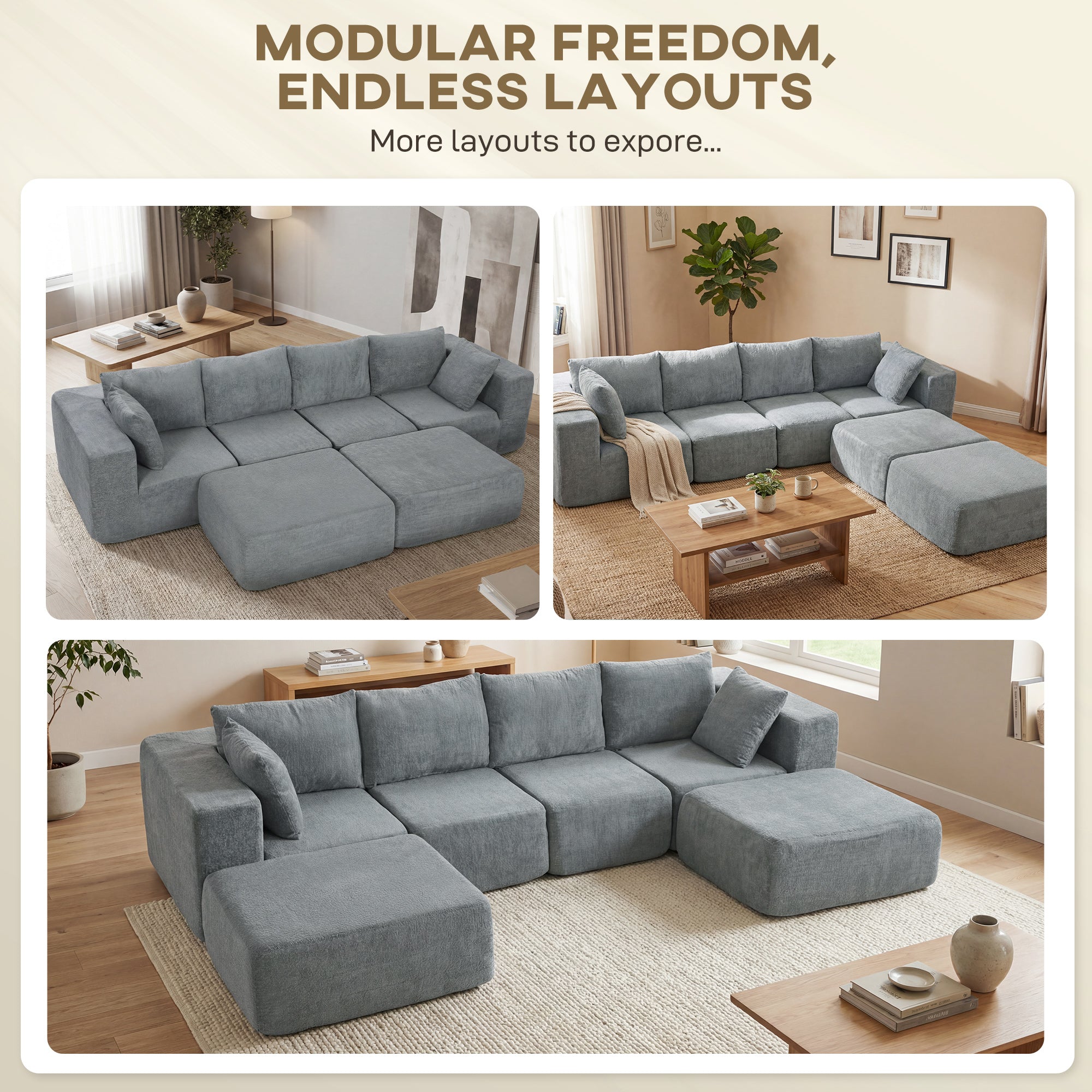 116" Modular Sectional Sofa, Boneless Sectional Couch with Wide and Deep Seat, 4 Seat U-Shape Sofa Couch with 2 Ottomans for Living Room Apartments Bedroom, No Assembly Required, Dark Gray