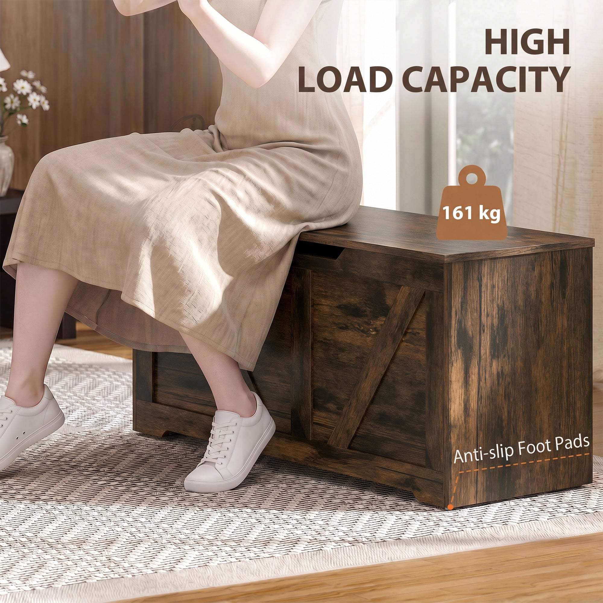 127L Storage Chest, Shoe Storage Trunk Bench Box with 2 Safety Hinges and U-shaped Cut-out Pull, Blanket Box Ottoman for Bedroom, Living Room, Entryway, 100 x 40 x 45 cm, Rustic Brown