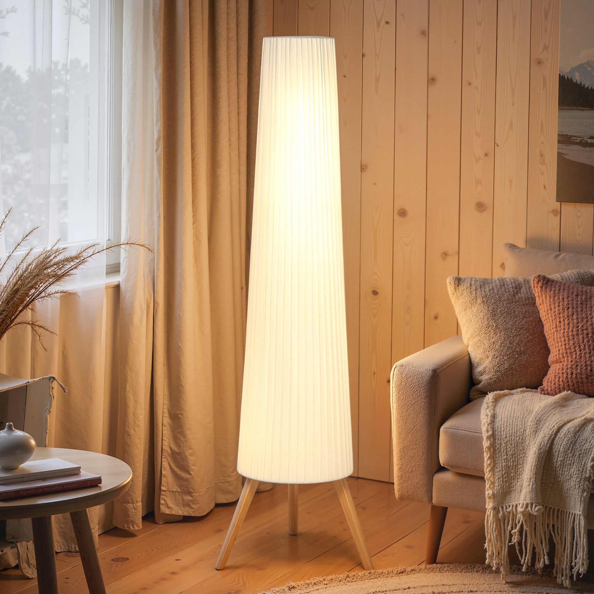 Dimmable Tripod Floor Lamp with Foot Switch, Nordic Standing Lamp with Wood Legs and Fabric Shade for Living Room, Bedroom, Office, 153cm, White
