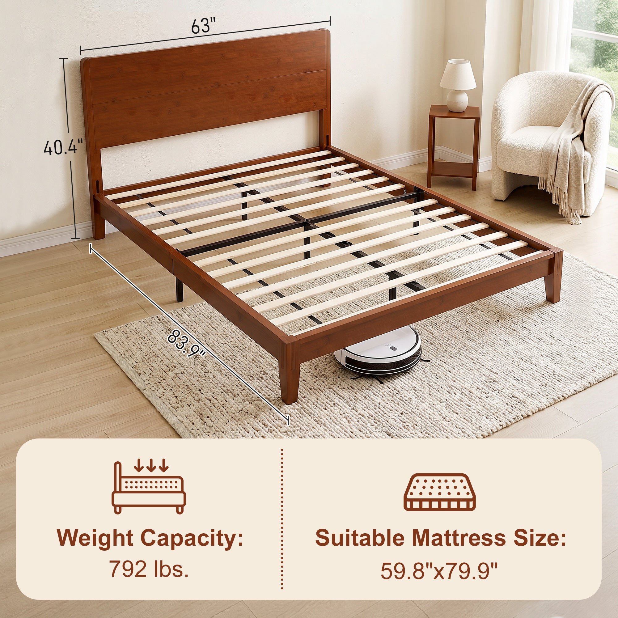 Queen Size Bamboo Platform Bed Frame with Headboard, Bed Frame with 12 Poplar Slats, No Box Spring Needed, Easy Assembly, Brown