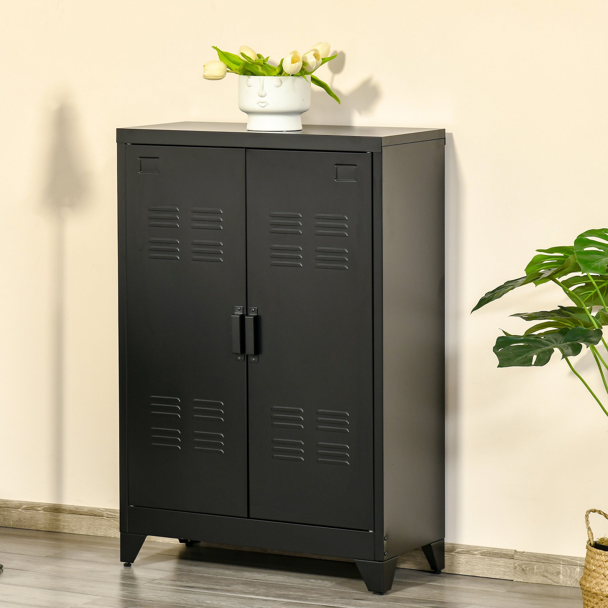 Industrial Steel Garage Storage Cabinet w/ Double Doors & Adjustable Shelves, Black