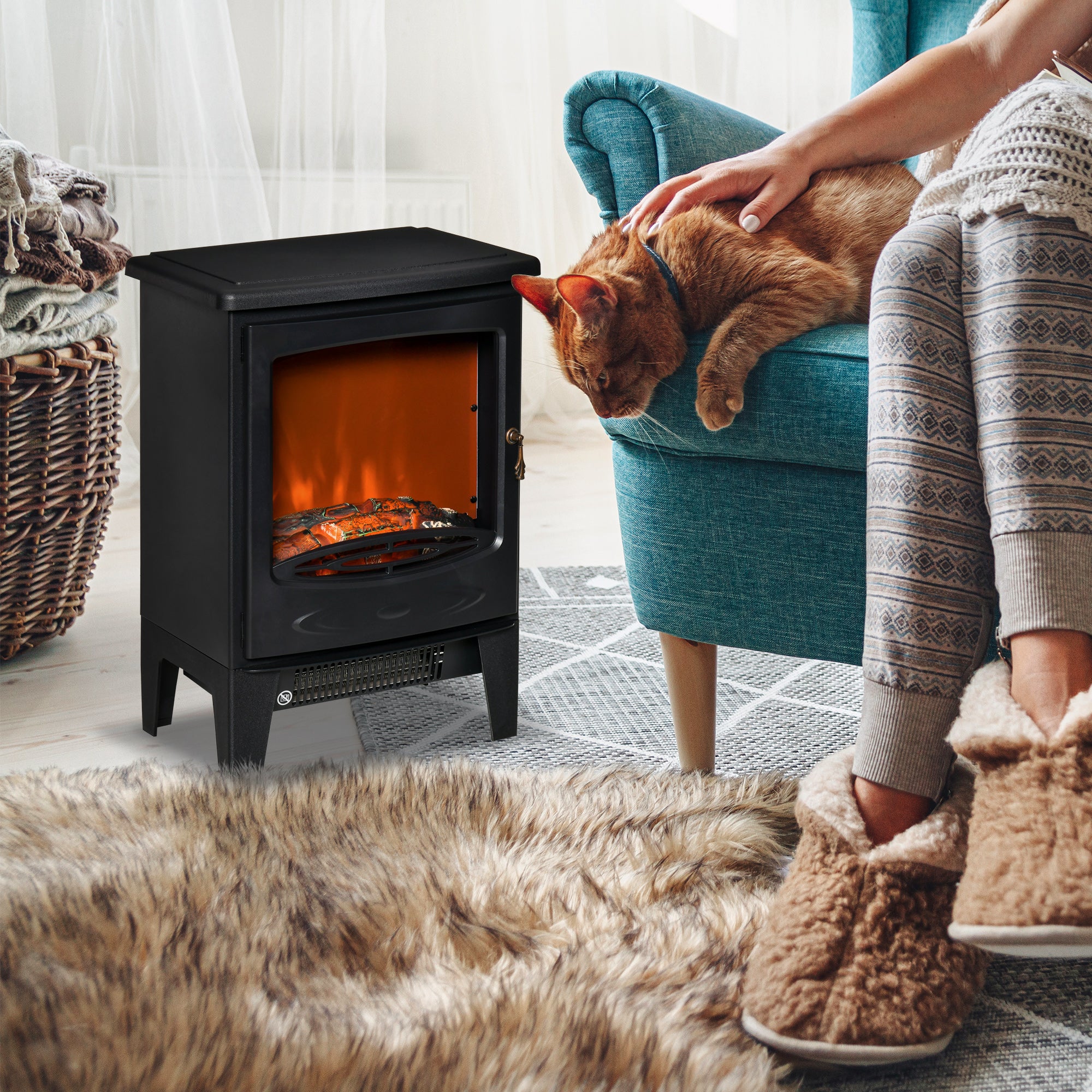 Electric Fireplace Stove, Free standing Fireplace Heater with Realistic LED Flame Effect, Overheat Safety Protection, 900W/1800W, Black