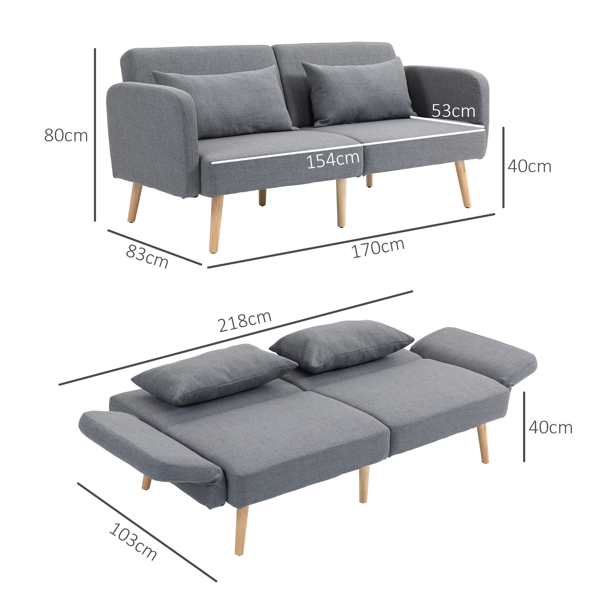 HOMCOM 3 Seater Sofa, 2 Seater Sofa Bed, Convertible Bed Settee, Modern Fabric Loveseat Sofa Couch with 2 Cushions for Living Room, Guest Room, Grey