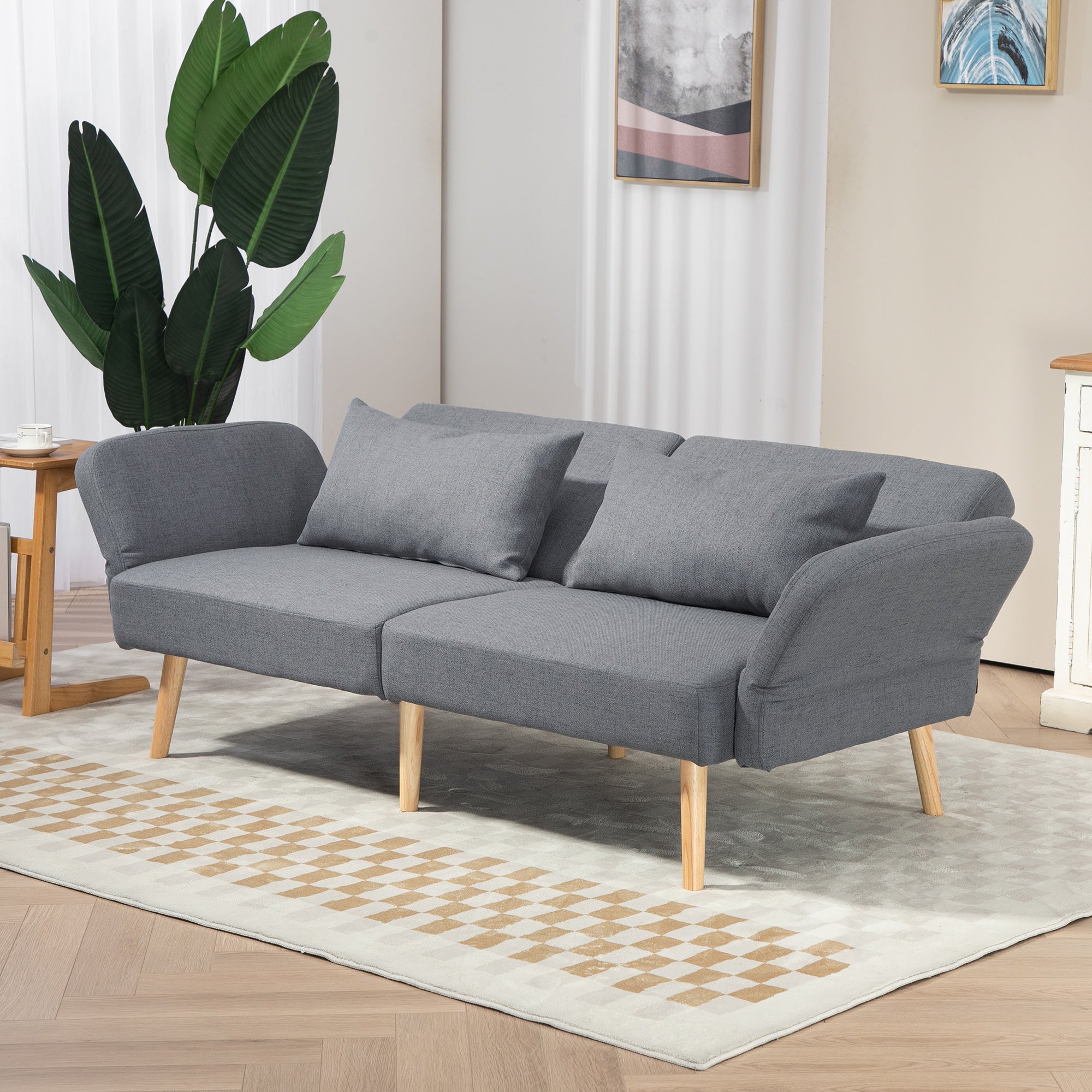 HOMCOM 3 Seater Sofa, 2 Seater Sofa Bed, Convertible Bed Settee, Modern Fabric Loveseat Sofa Couch with 2 Cushions for Living Room, Guest Room, Grey