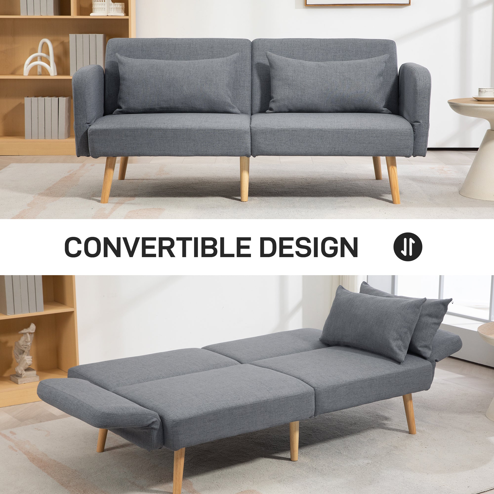 HOMCOM 3 Seater Sofa, 2 Seater Sofa Bed, Convertible Bed Settee, Modern Fabric Loveseat Sofa Couch with 2 Cushions for Living Room, Guest Room, Grey