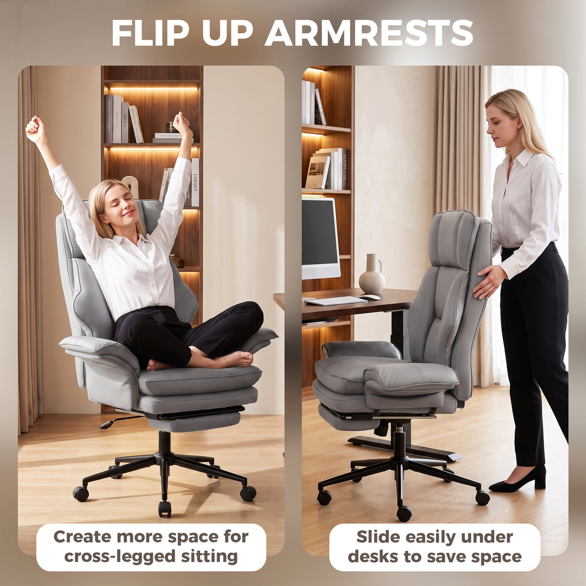 Cross Legged Office Chair with Footrest, 396 lbs Reclining Computer Desk Chair with High Back, Flip-up Armrests, Adjustable Height, Thick Cushion, Rocking Function, Grey