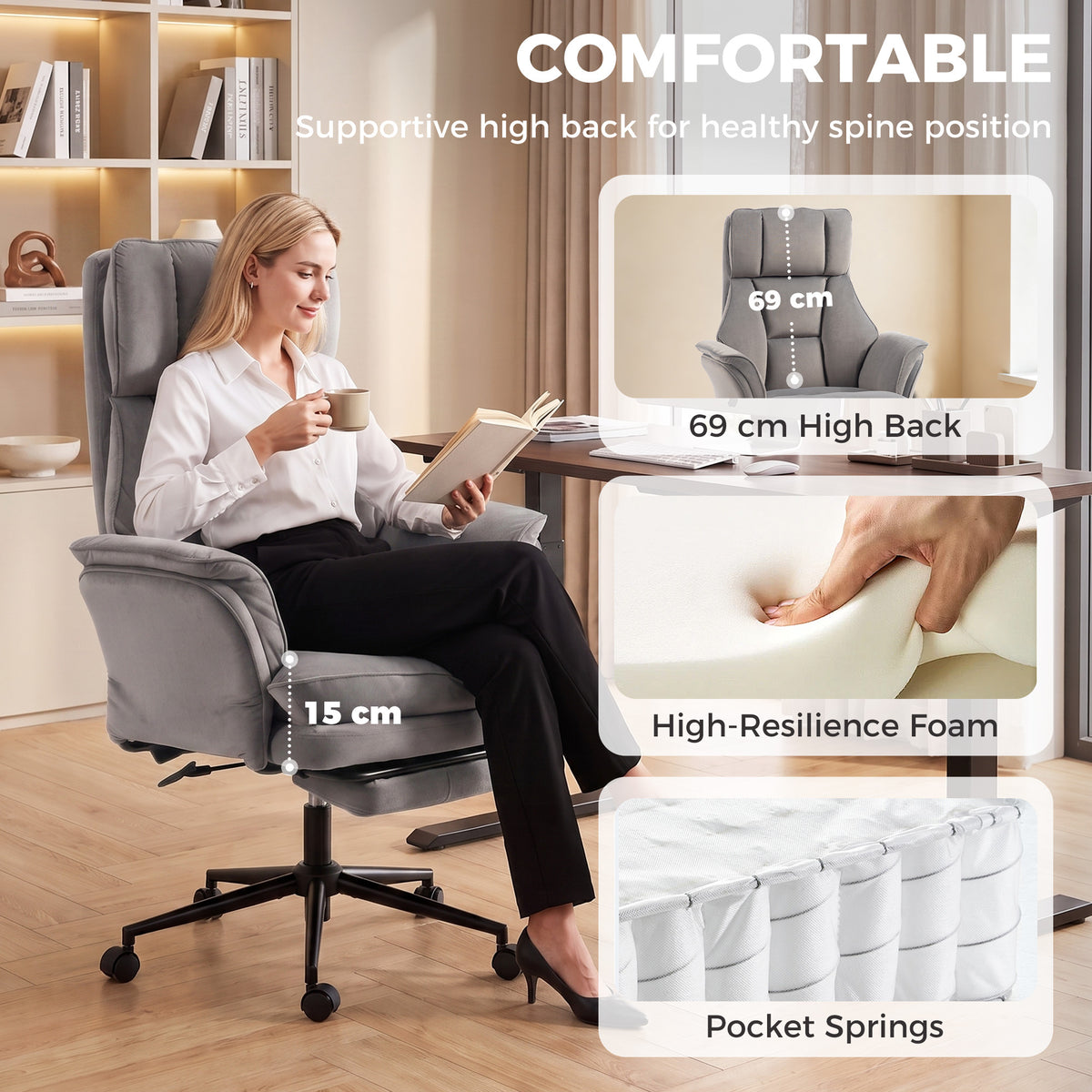 Cross Legged Office Chair with Footrest, 396 lbs Reclining Computer Desk Chair with High Back, Flip-up Armrests, Adjustable Height, Thick Cushion, Rocking Function, Grey