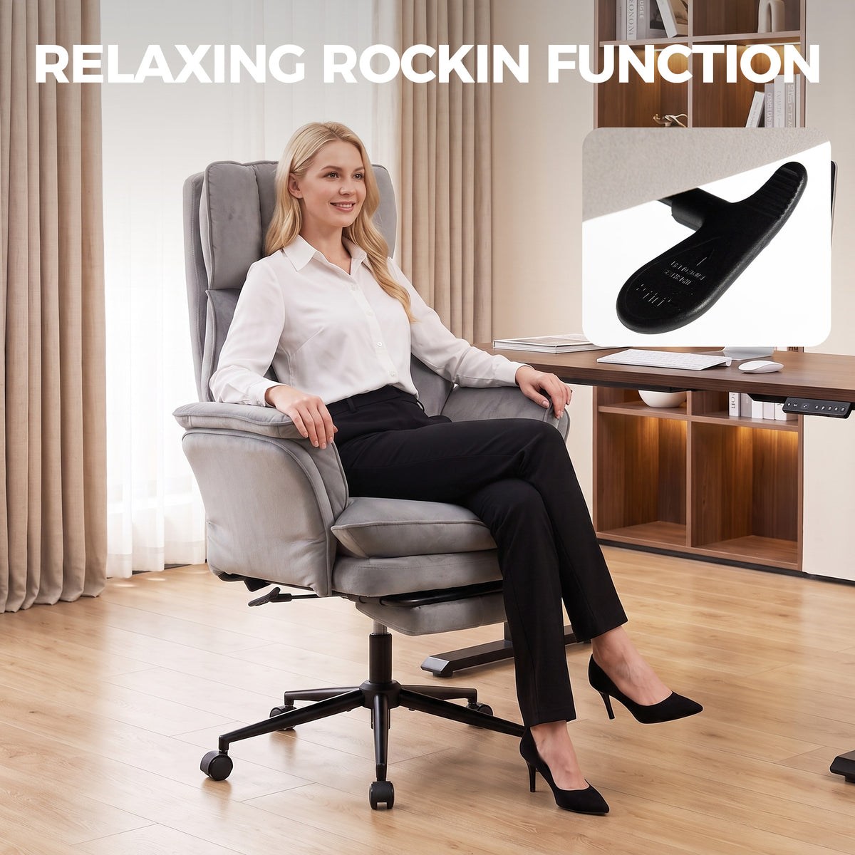 Cross Legged Office Chair with Footrest, 396 lbs Reclining Computer Desk Chair with High Back, Flip-up Armrests, Adjustable Height, Thick Cushion, Rocking Function, Grey