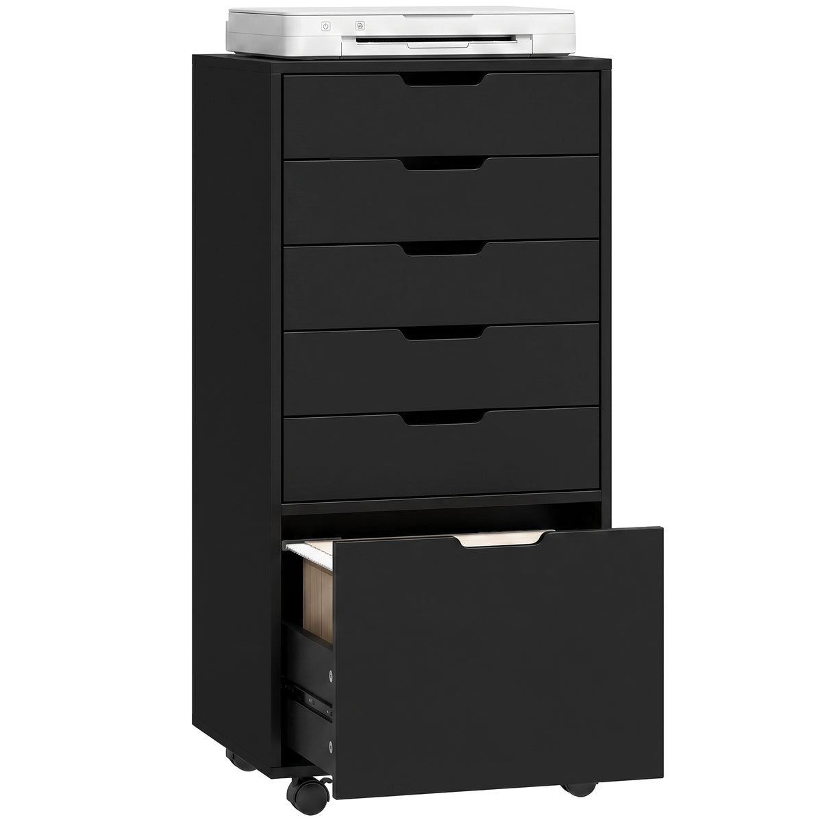 5 Drawer Vertical File Cabinet with Lockable Wheels, Filing Cabinet for Home Office, Printer Stand with Adjustable Hanging Bars For A4, Letter, legal File Folders, Black