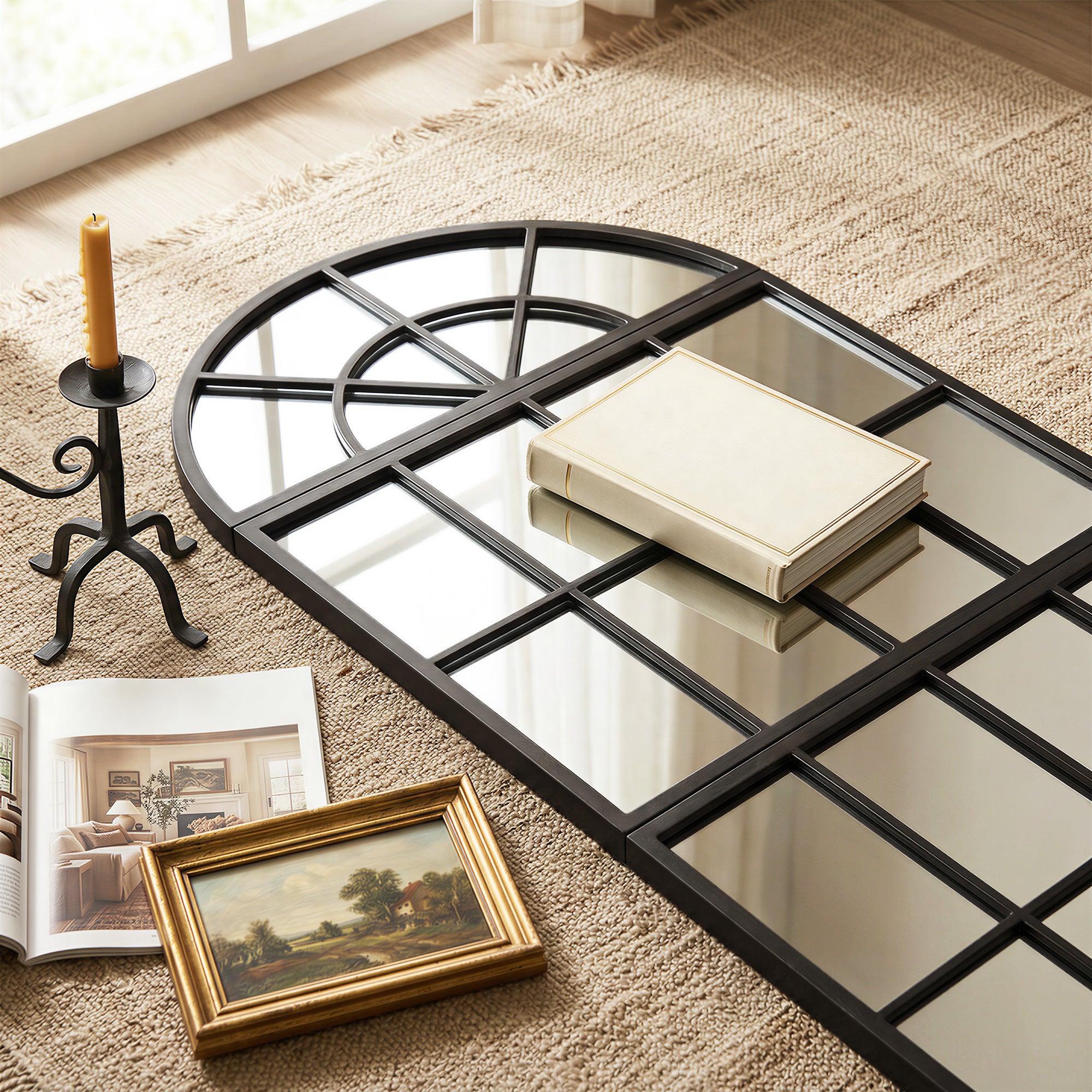 120 x 54 cm, Modern Large Arched Wall Mirror with Metal Grid, 3-Piece Split Window Mirrors with Tempered Glass for Window Decoration, Bedroom and Entryway, Black