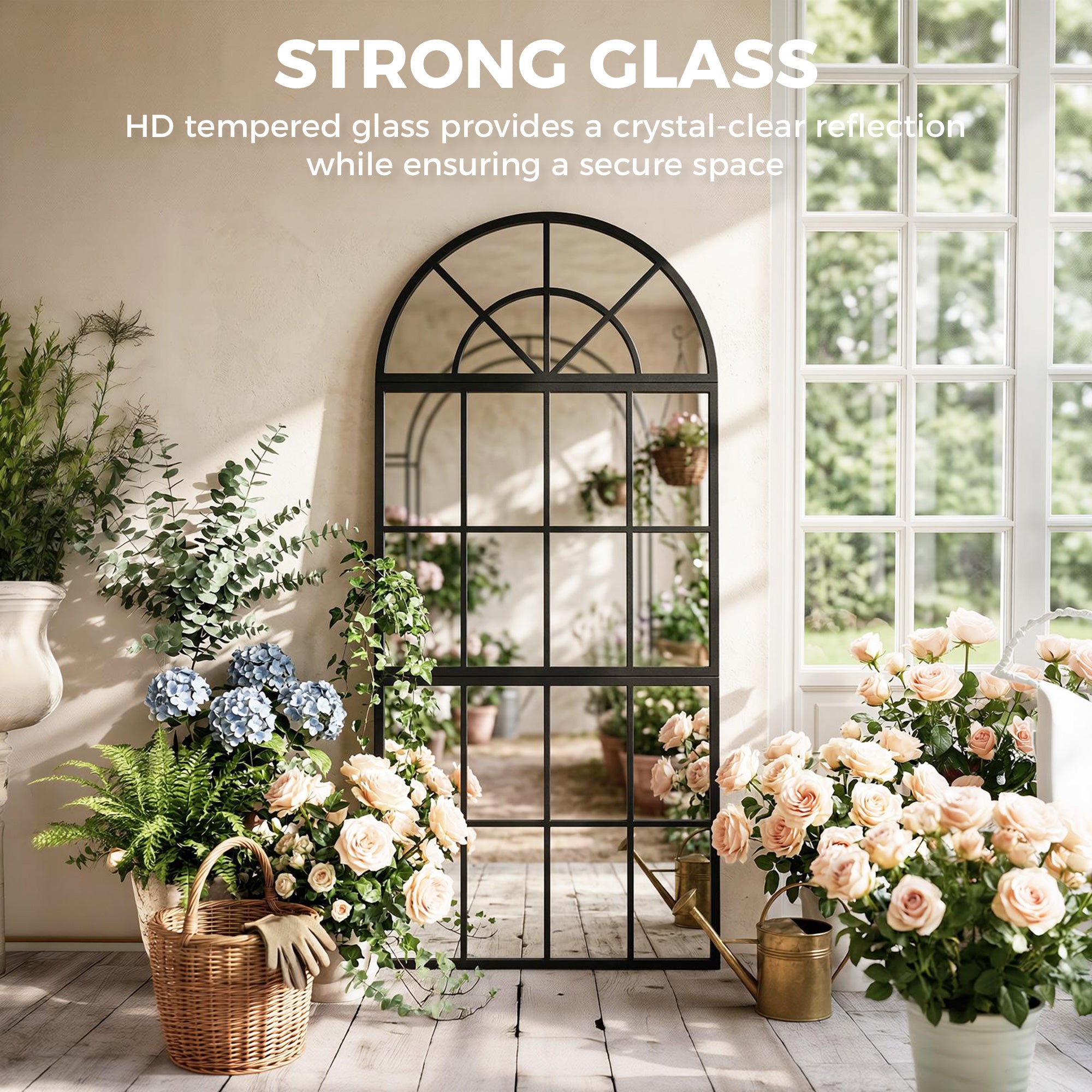 120 x 54 cm, Modern Large Arched Wall Mirror with Metal Grid, 3-Piece Split Window Mirrors with Tempered Glass for Window Decoration, Bedroom and Entryway, Black