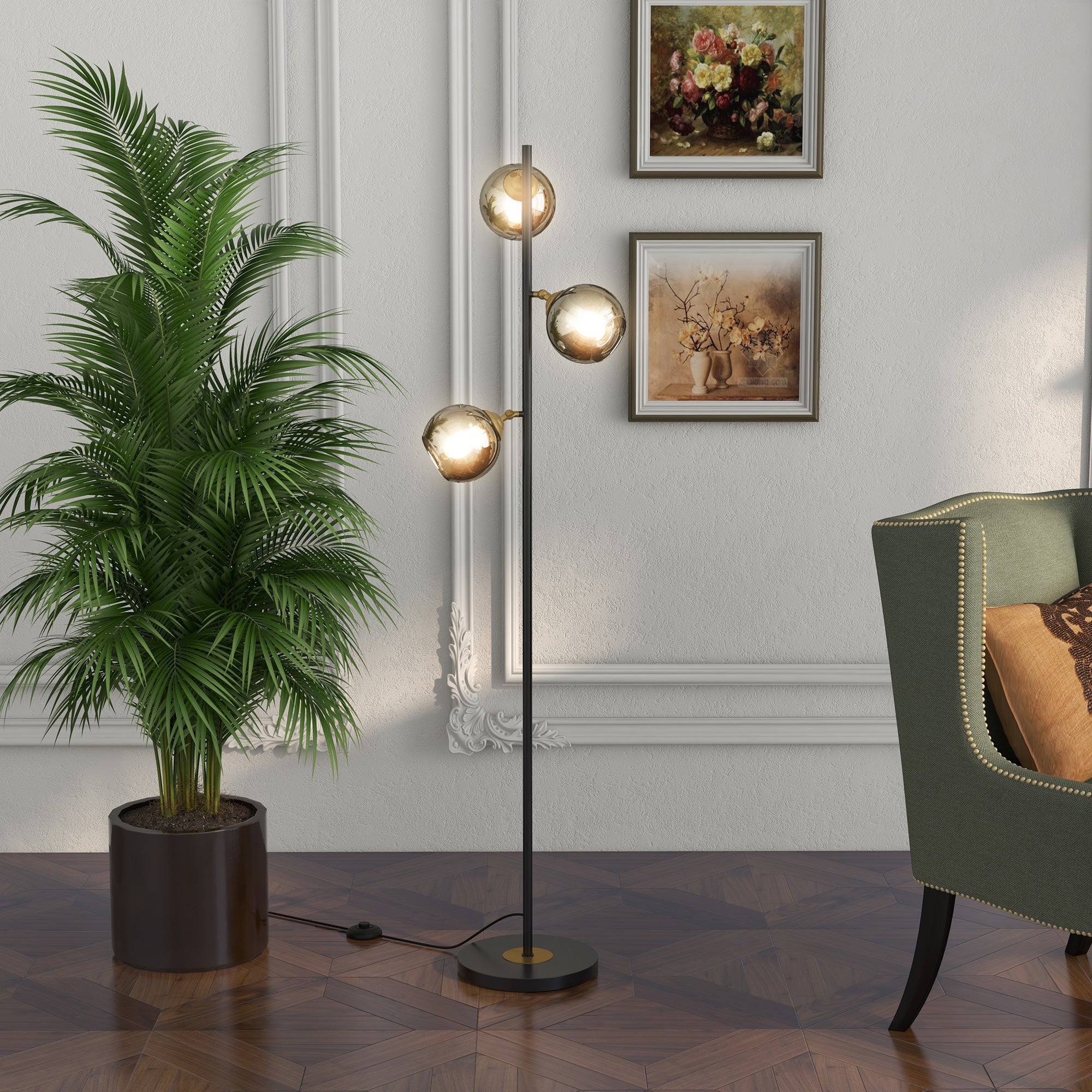 HOMCOM 3-Light Floor Lamp for Living Room with Glass Global Lampshade, Modern Standing Lamp for Bedroom, Bulb not Included, Grey