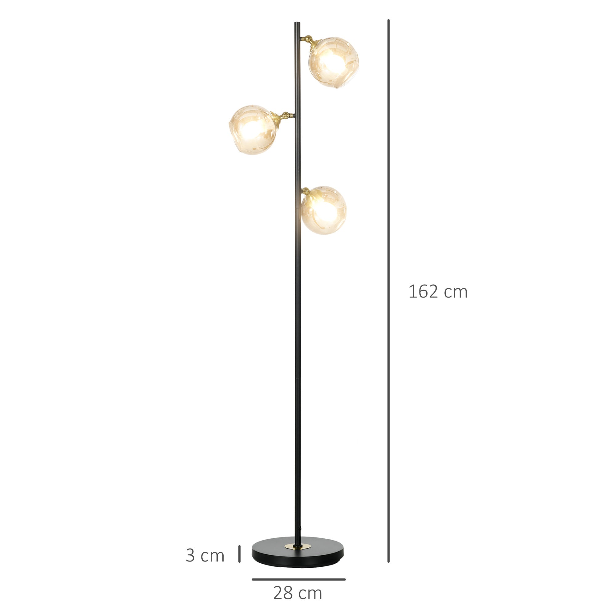 HOMCOM 3-Light Floor Lamp for Living Room with Glass Global Lampshade, Modern Standing Lamp for Bedroom, Bulb not Included, Grey