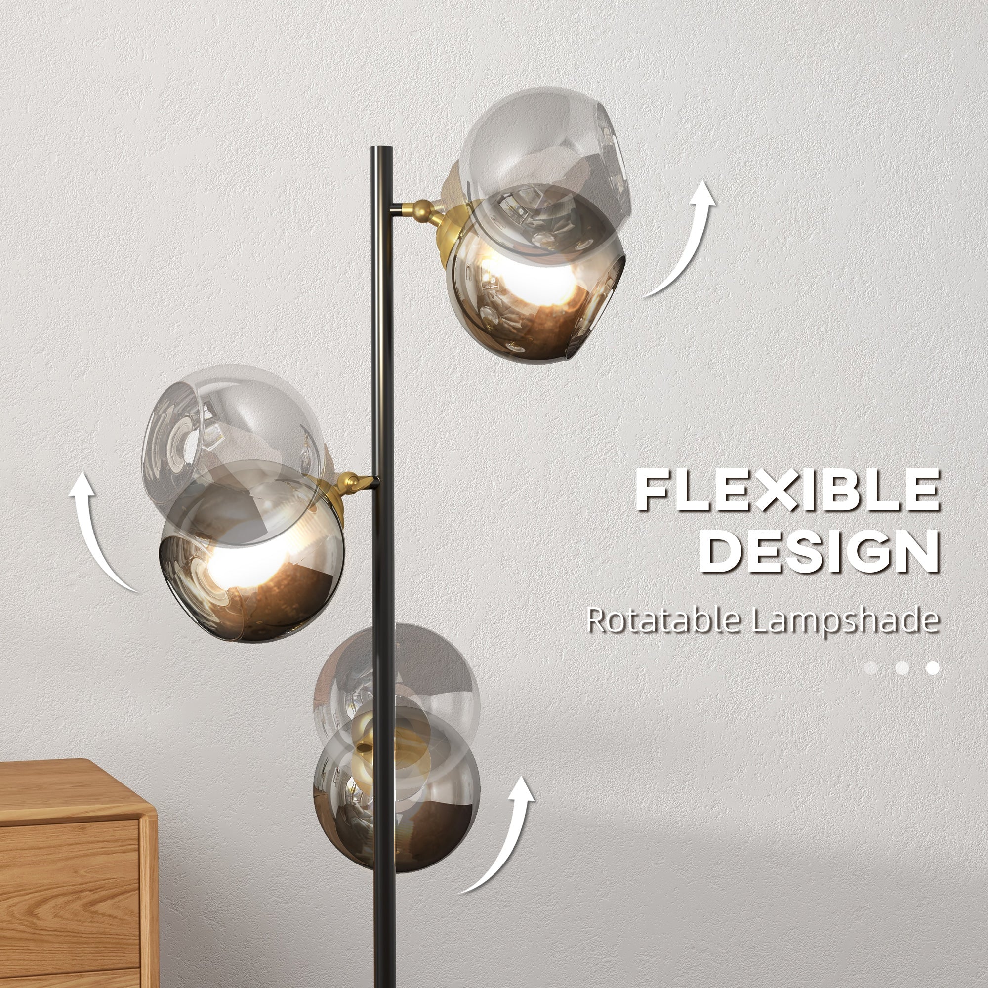 HOMCOM 3-Light Floor Lamp for Living Room with Glass Global Lampshade, Modern Standing Lamp for Bedroom, Bulb not Included, Grey
