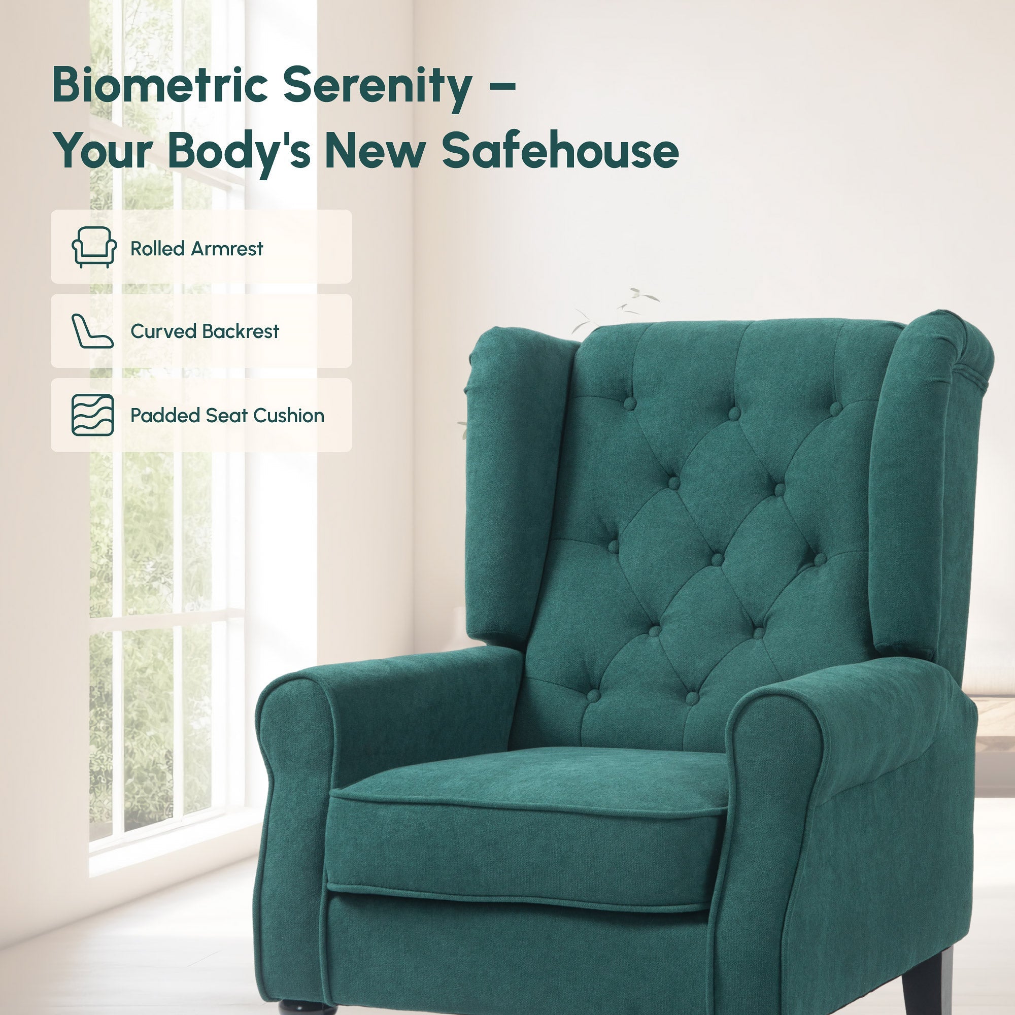 Mid-Century Accent Chair w/ High Wingback, Button-Tufted Fabric & Retro Wood Legs, Dark Green