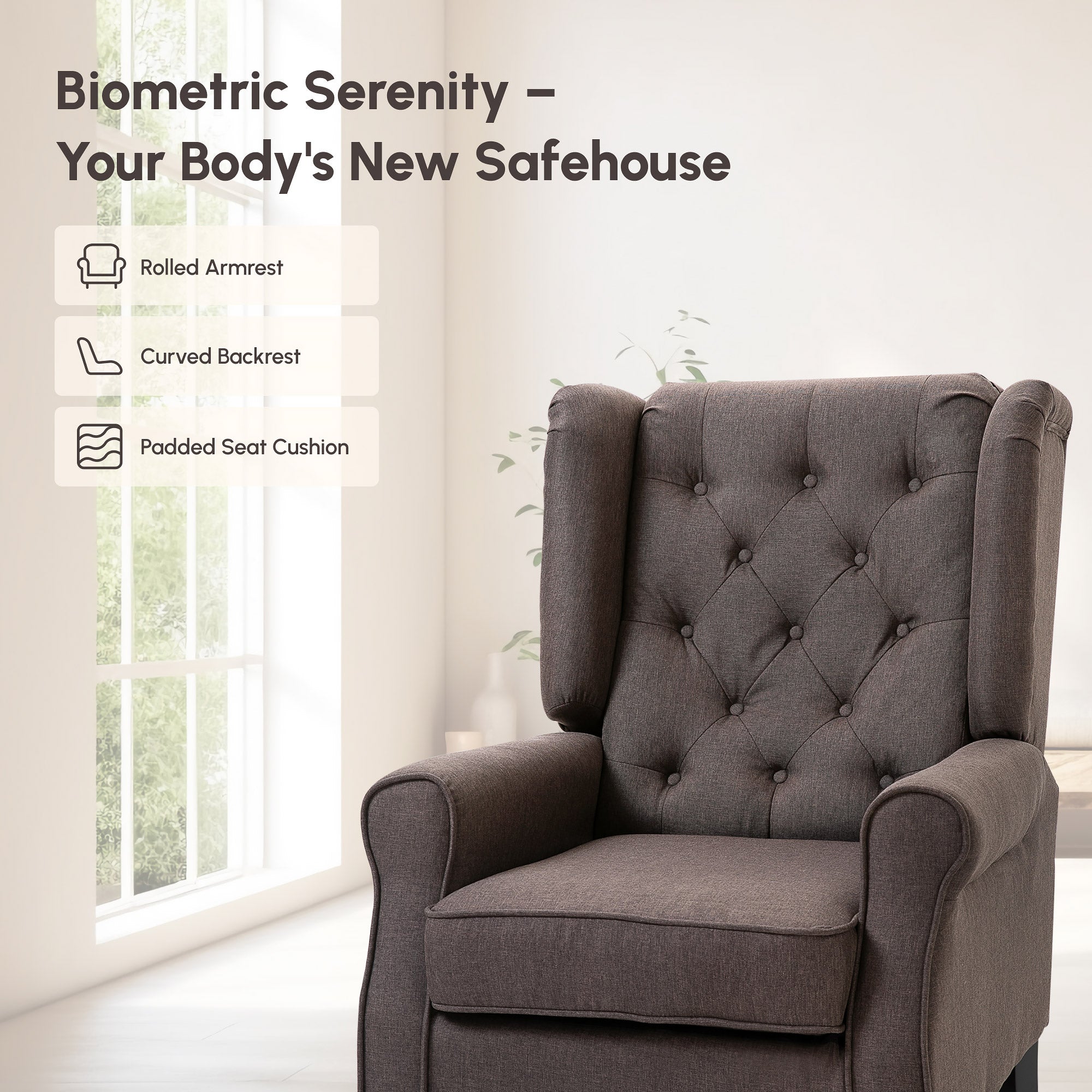 Mid-CenturyAccent Chair w/ High Wingback, Button-Tufted Fabric & Retro Wood Legs, Dark Brown