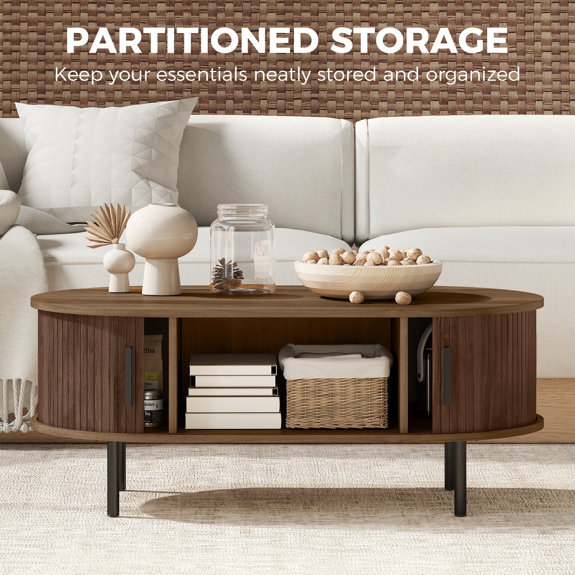 Mid-Century Modern Coffee Table, Center Table for Living Room with Storage, Sliding Tambour Doors, Rounded Edges and Metal Legs, Brown