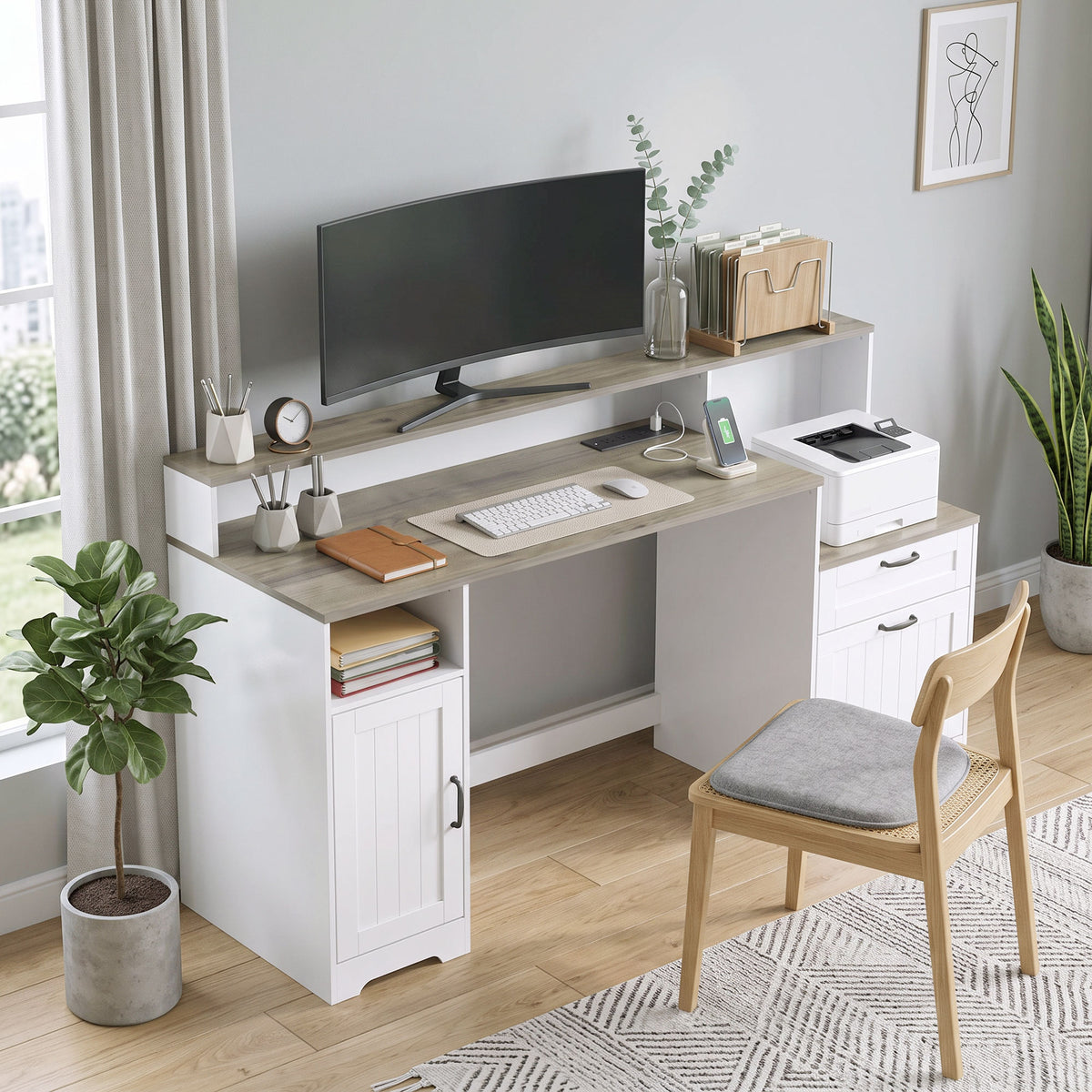 Farmhouse Computer Desk with Drawers, 65" Home Office Desk with Power Outlets, Storage Cabinet, Printer Stand, Monitor Stand, Adjustable Hanging Bar, Grey Brown and White