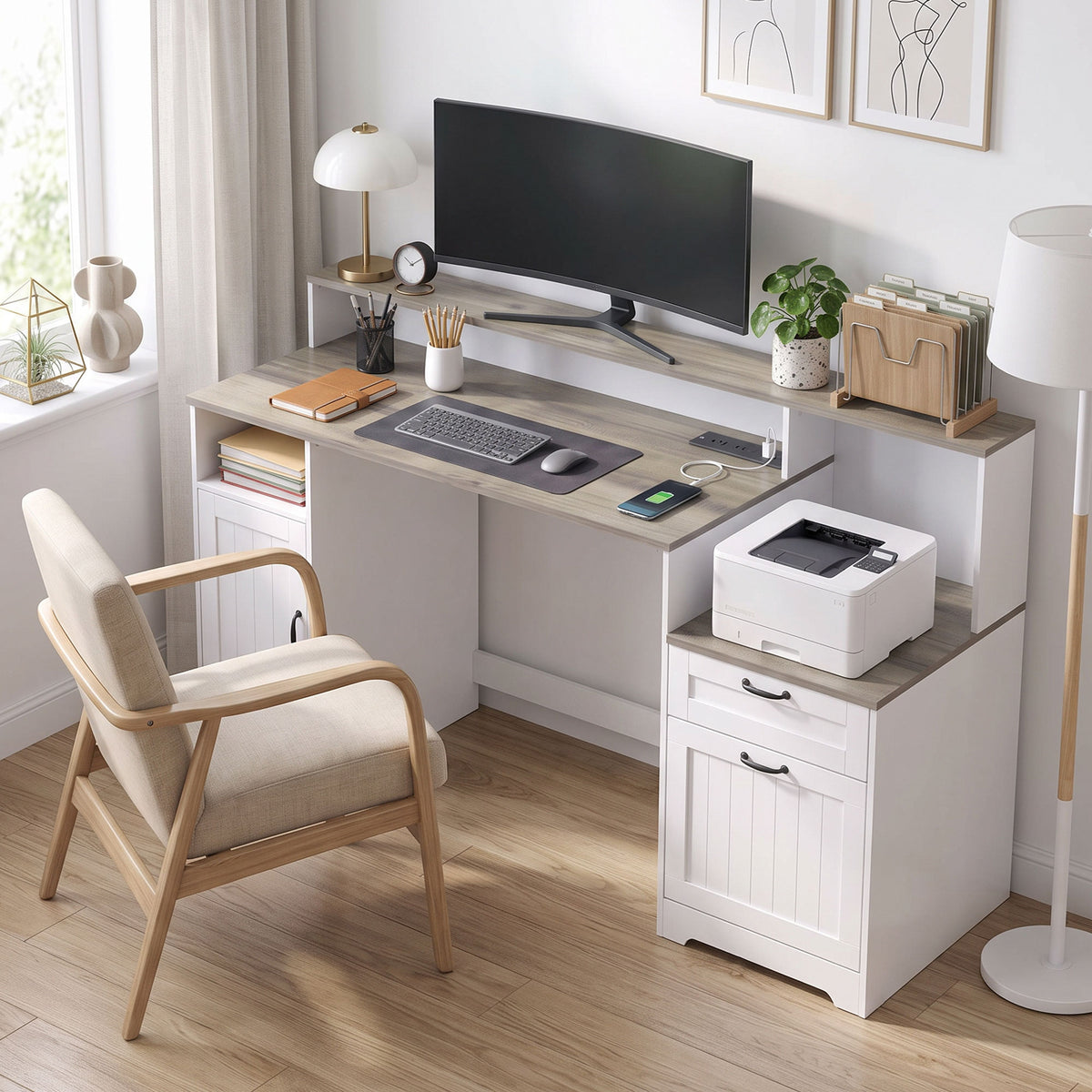 Farmhouse Computer Desk with Drawers, 65" Home Office Desk with Power Outlets, Storage Cabinet, Printer Stand, Monitor Stand, Adjustable Hanging Bar, Grey Brown and White