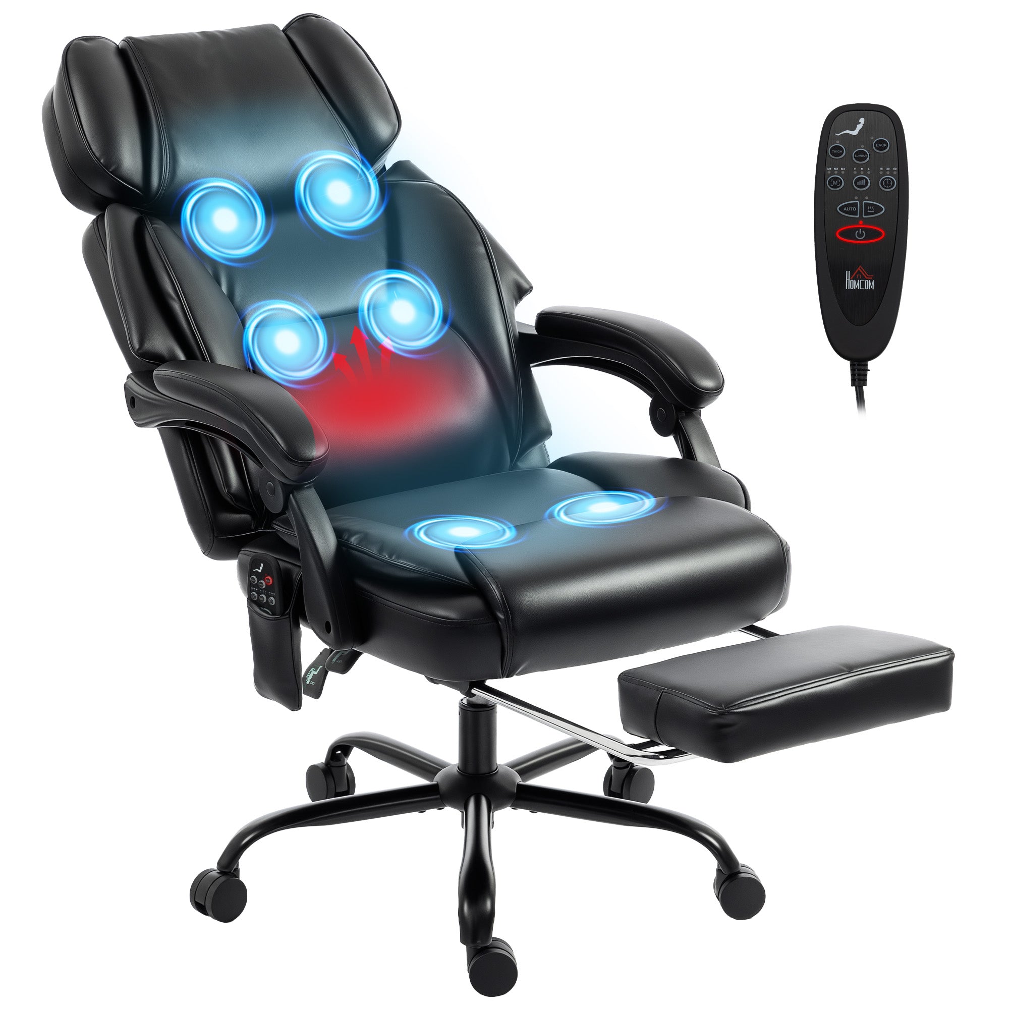 High Back Vibration Massage Office Chair, Heated Reclining PU Leather Computer Chair with Headrest, Footrest, Padded Armrests, Adjustable Height, Swivel Wheels, Remote, Black