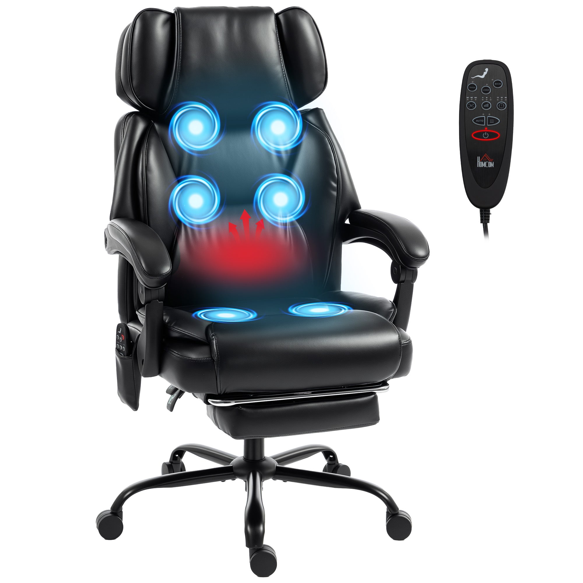 High Back Vibration Massage Office Chair, Heated Reclining PU Leather Computer Chair with Headrest, Footrest, Padded Armrests, Adjustable Height, Swivel Wheels, Remote, Black