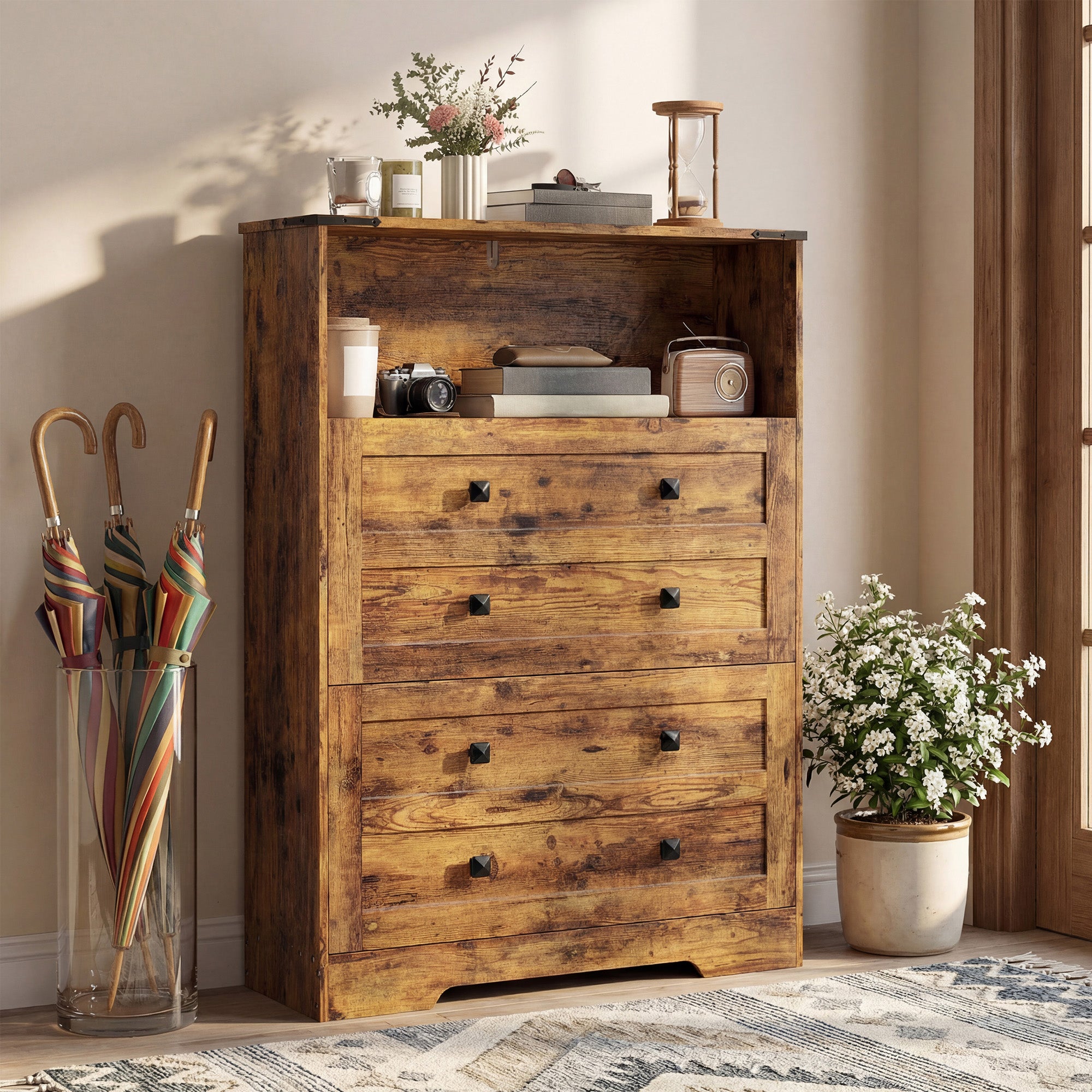 Shoe Cabinet with 2 Flip Drawers, Narrow Shoe Storage Cabinet with Adjustable Shelves and Open Shelf, Farmhouse Storage Organizer for Entryway, Hallway, Holds 12-16 Pairs, Rustic Brown