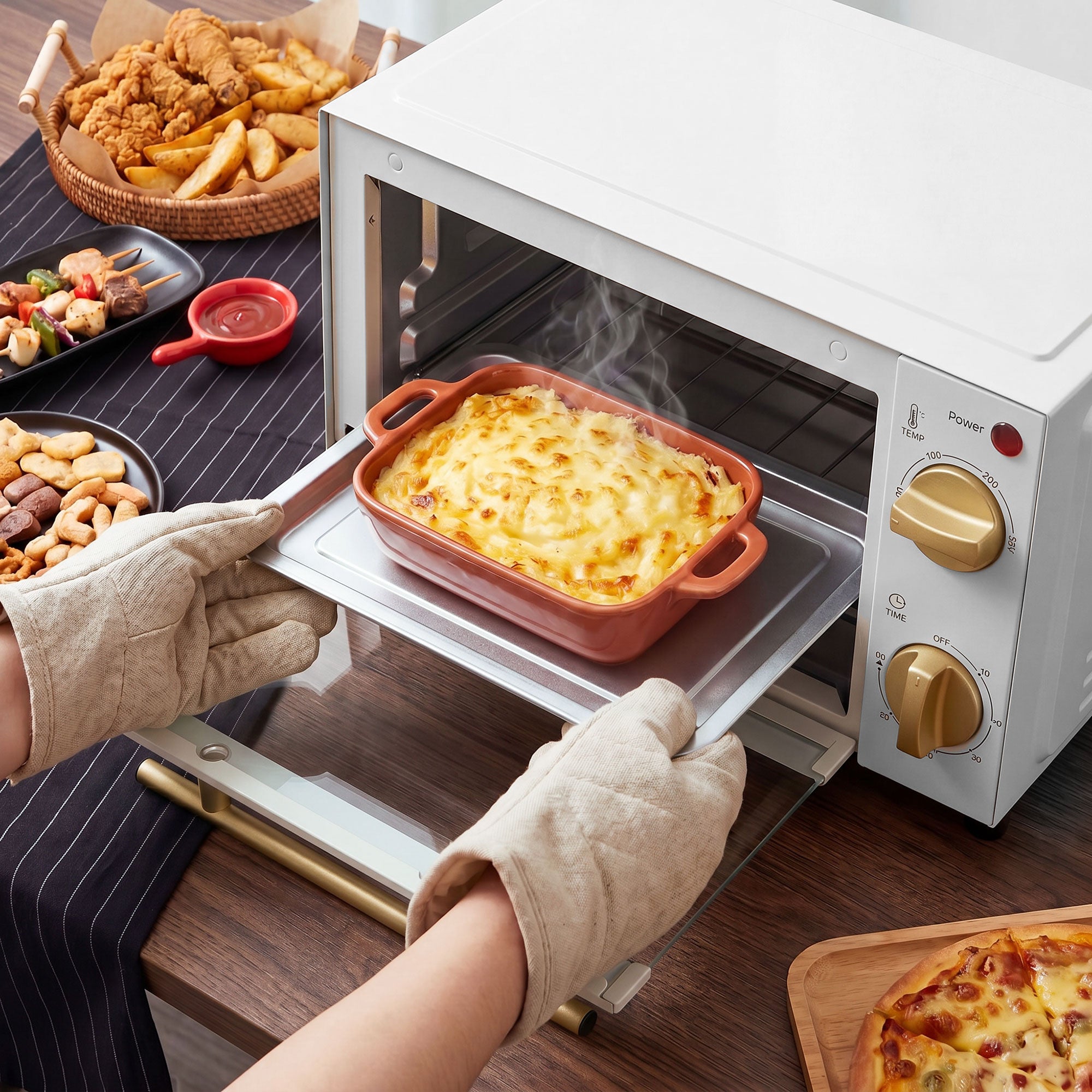 Mini Oven, 9L Countertop Electric Grill, Toaster Oven with Adjustable Temperature, Timer, Dishwasher Safe Baking Tray and Wire Rack, 750W, White