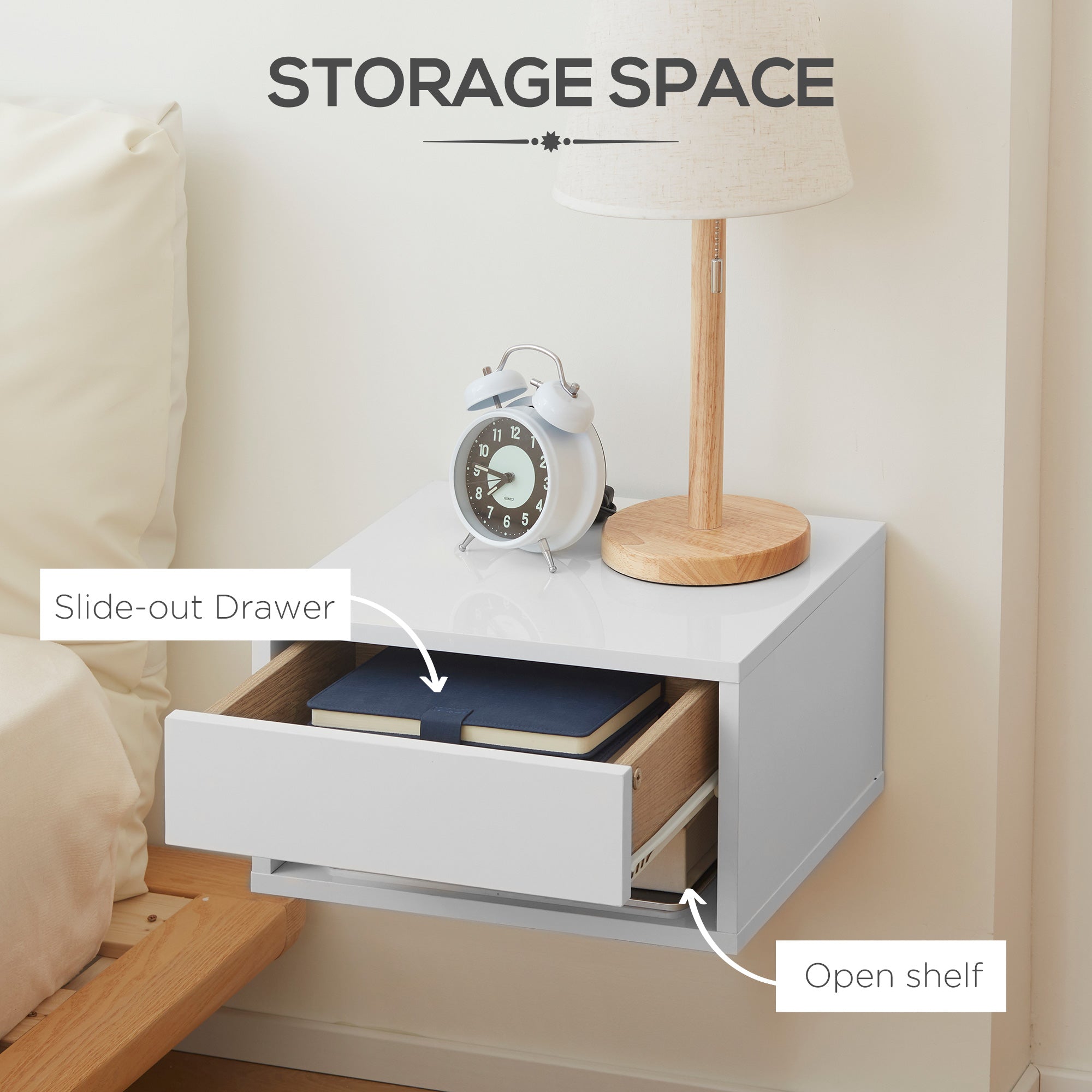 HOMCOM Floating Bedside Table Set of 2 Wall Mounted Nightstand with Storage Drawer and Open Shelf for Bedroom, High Gloss White