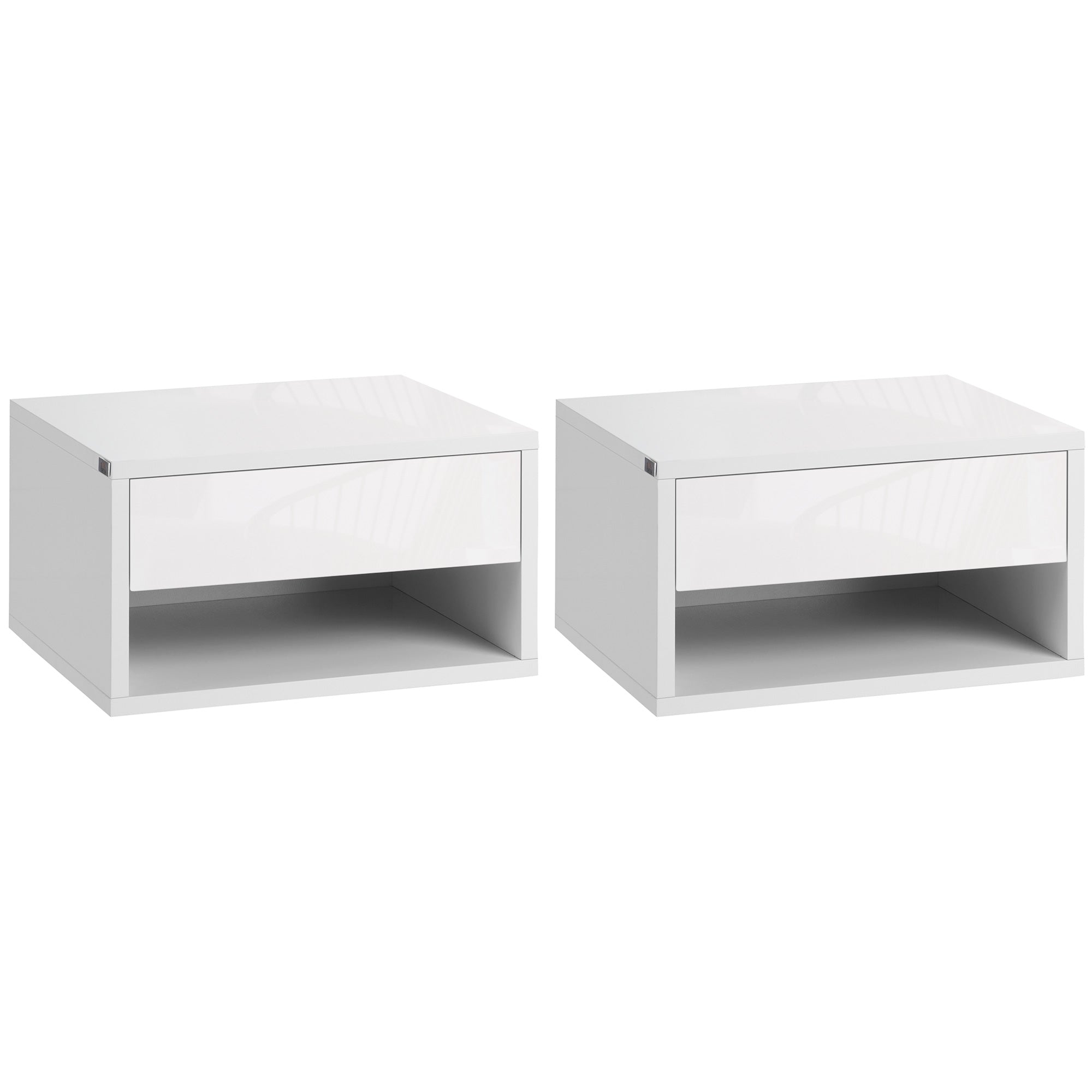 HOMCOM Floating Bedside Table Set of 2 Wall Mounted Nightstand with Storage Drawer and Open Shelf for Bedroom, High Gloss White